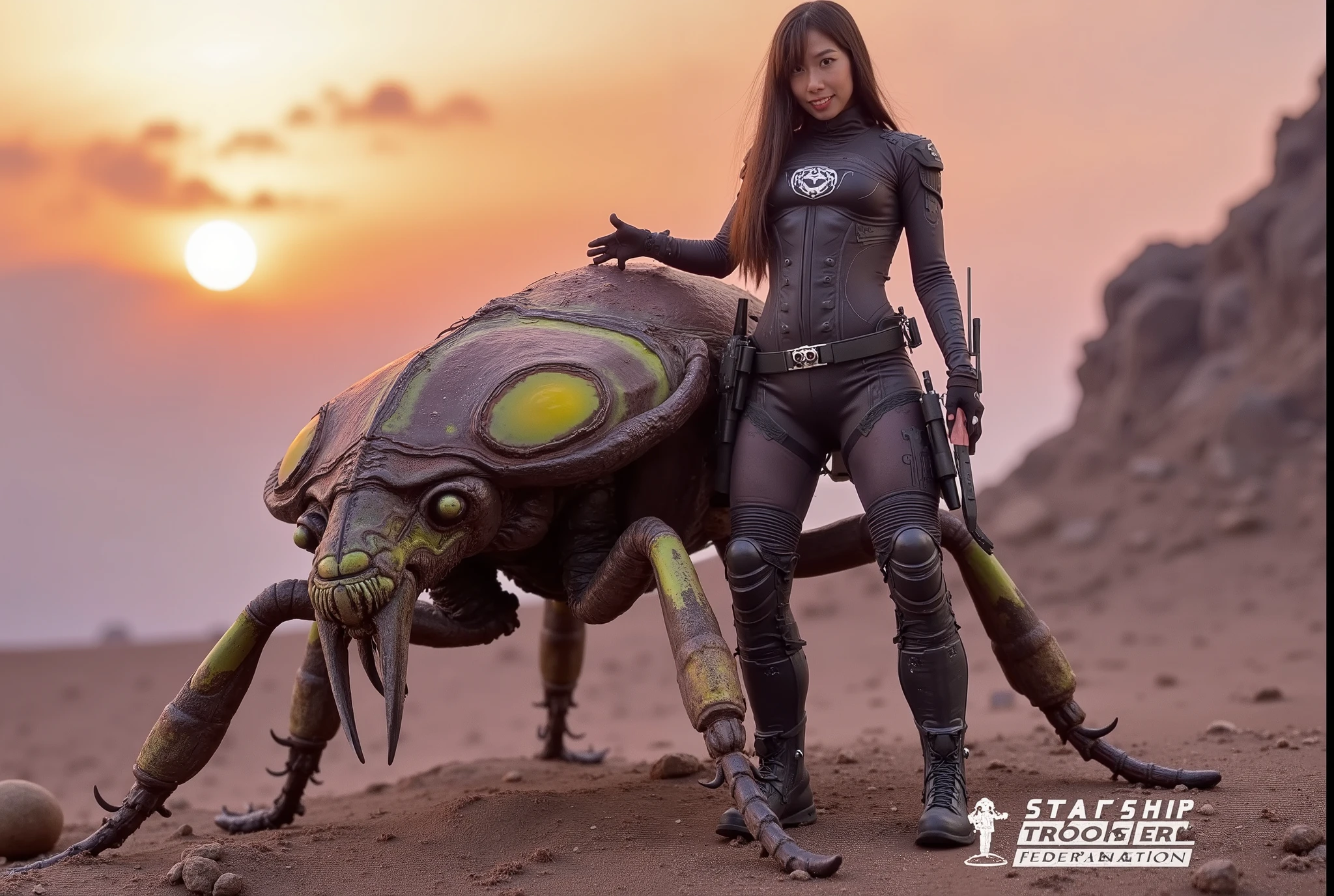 (subject 1: A scifi soldier, black and gray combat suit with coral like strength enhancing exoskeleton, cute, big gun and knife, covered in splotches of green alien slimy gore, warm friendly smile)), she is standing triumphantly with a weapon raise, one foot is on the blasted extremely battle damaged of a (subject 2:: scary alien combat beetle (rainbow carapace, green slime blood and gore, many horns and spikes, some broken cyborg enhancements)) warm sunrise on an alien rocky mountain 'I'm doing my part!' is written clearly across the top of the screen with the (starship trooper federation logo at the beginning and end of the sentence)