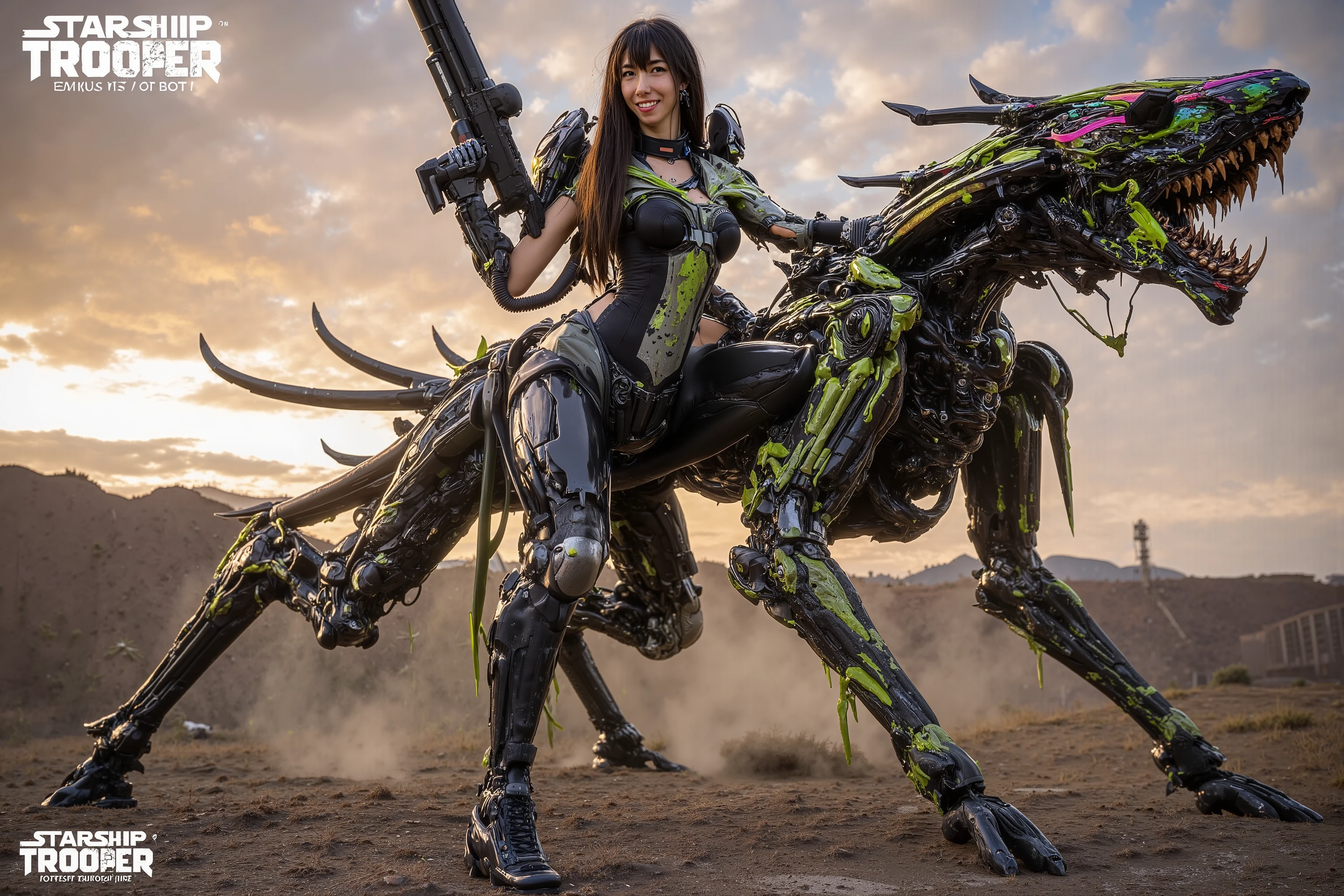 (subject 1: A scifi soldier, black and gray combat suit with coral like strength enhancing exoskeleton, cute, big gun and knife, covered in splotches of green alien slimy gore, warm friendly smile)), she is standing triumphantly with a weapon raise, one foot is on the blasted extremely battle damaged of a (subject 2:: scary alien combat beetle (rainbow carapace, green slime blood and gore, many horns and spikes, some broken cyborg enhancements)) warm sunrise on an alien rocky mountain 'I'm doing my part!' is written clearly across the top of the screen with the (starship trooper federation logo at the beginning and end of the sentence)