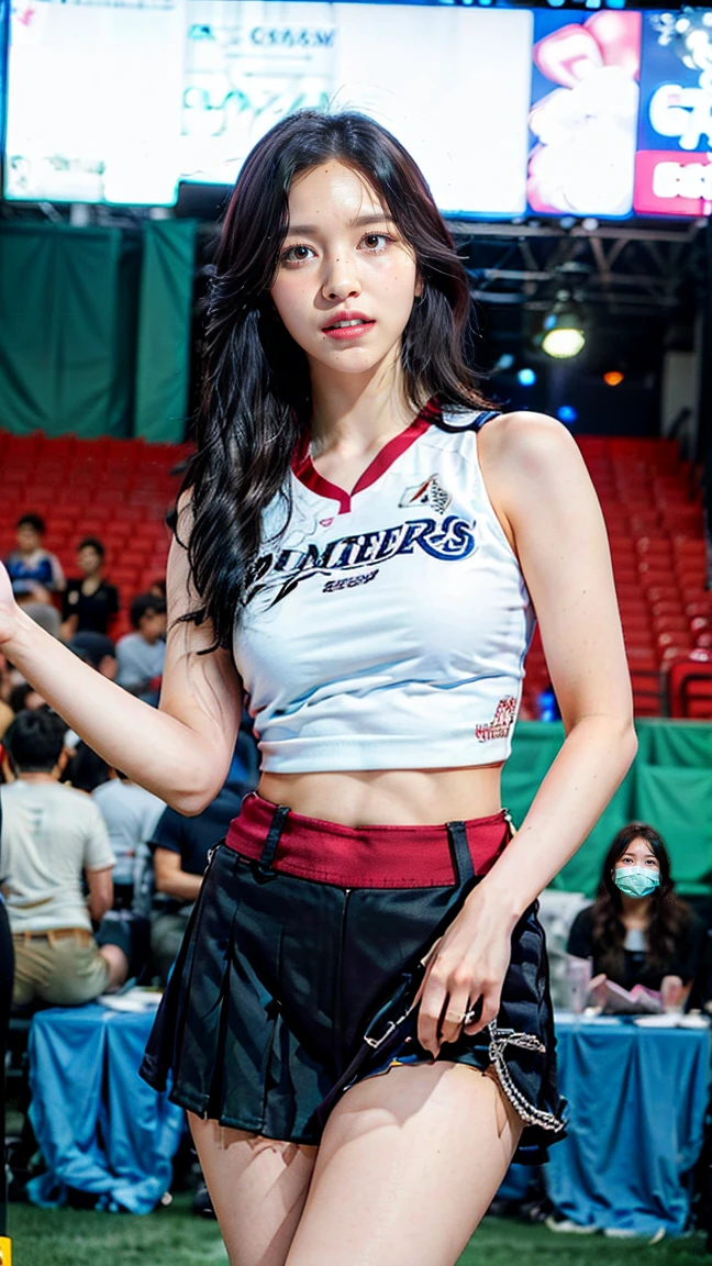 (Best Quality, 4K, Masterpiece: 1.3), Pretty Woman, 1girl, Sexy: 1.1, Dark Brown Hair: 1.1, Woman in Basketball Suit, Soaked Jersey, Ultra-detailed Face, Detailed Lips, Delicate Eyes, Double Eyelids, ((Short Skirt))