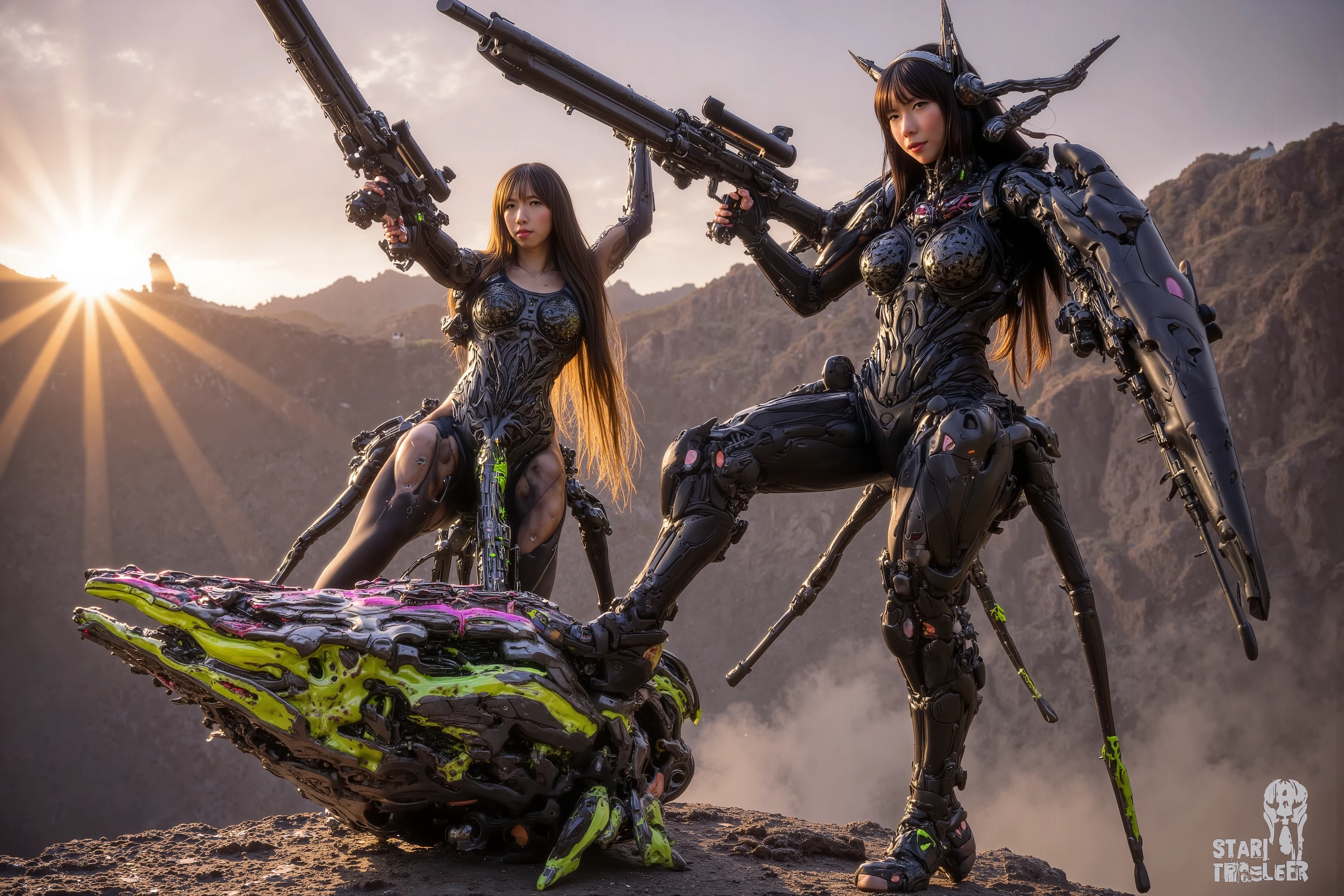 (subject 1: A scifi soldier, black and gray combat suit with coral like strength enhancing exoskeleton, cute, big gun and knife, covered in splotches of green alien slimy gore, warm friendly smile)), she is standing triumphantly with a weapon raise, one foot is on the blasted extremely battle damaged of a (subject 2:: scary alien combat beetle (rainbow carapace, green slime blood and gore, many horns and spikes, some broken cyborg enhancements)) warm sunrise on an alien rocky mountain 'I'm doing my part!' is written clearly across the top of the screen with the (starship trooper federation logo at the beginning and end of the sentence)
