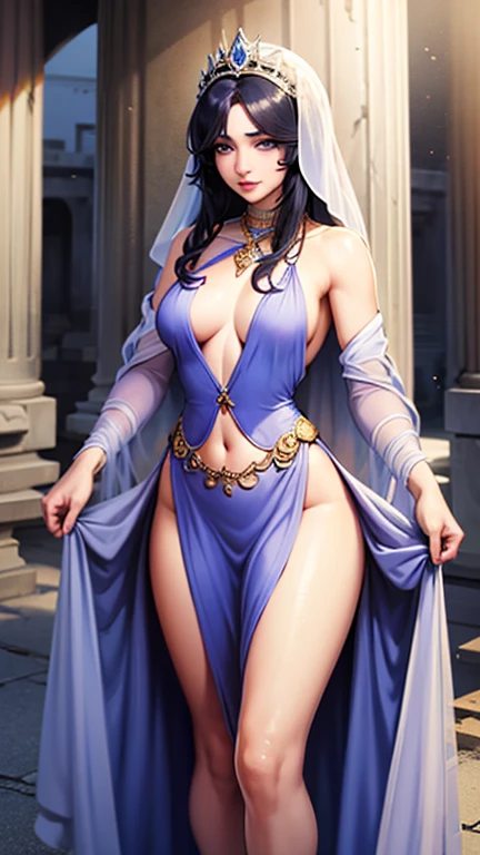 full body, whole body. loincloth standing, hands on hips full body, 1solo (girl). slave fighter, metal sandals, choker, big belt, view from below, feet together, bracers, tiara