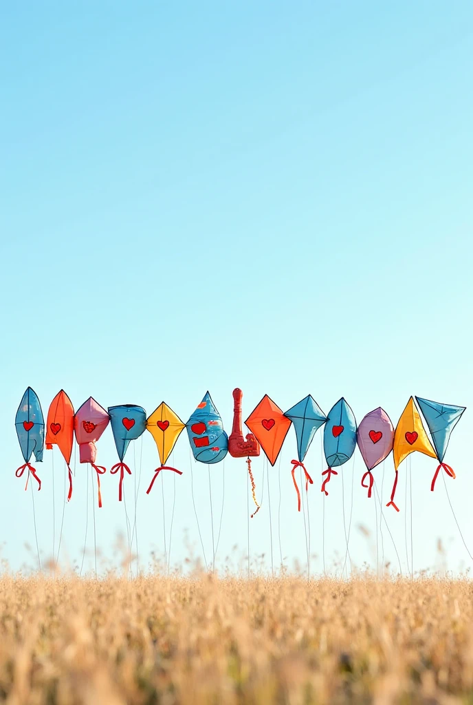 Kites are arranged in a row as word "happen birthday" in a real life