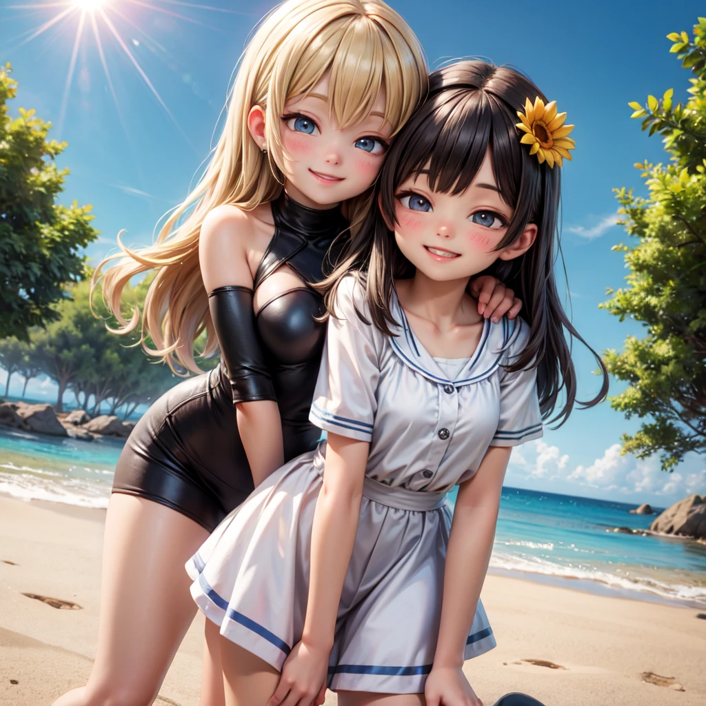 Actual, Two girls staring at each other, Long Shot, One short woman (Permanently installed) Wear a bikini, Long Hair, barefoot, 1 Mini Giantess Mini Giantess (feminine, Losing weight, sexy, Torn clothes, Sweat), (Medium Chest: 1.5) Looking down, Dynamic pose, Best, Scene involving two women, Beware of height differences, Couple,Sailor suit、Long skirt, Anxious face (Highly refined skin), Detailed face, 8K Ultra HD, Soft Light, high quality, Full body portrait.