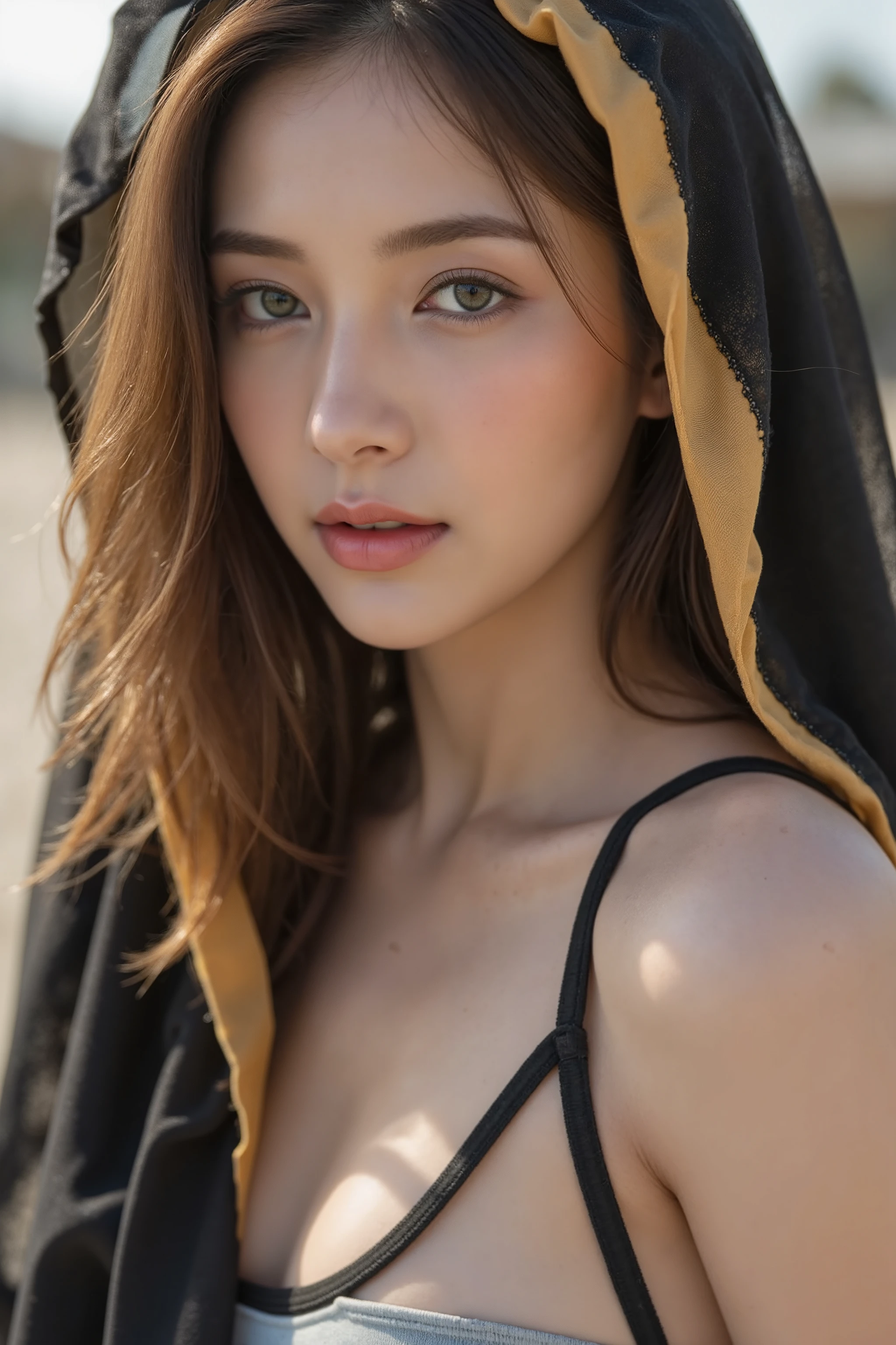 A close-up photograph of a young woman with light skin, green eyes, and full lips, set against a blurred, sunlit background. She wears a vibrant black and gold headscarf, with the black fabric draping over her forehead and the black cascading down her shoulders. Her makeup is subtle, highlighting her natural beauty. The lighting accentuates her smooth skin and the rich colors of her attire.