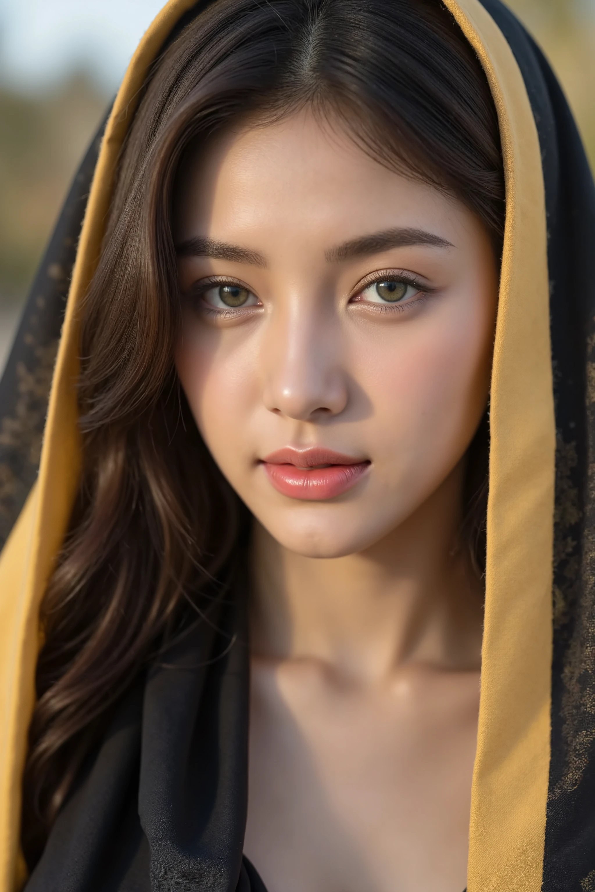 A close-up photograph of a young woman with light skin, green eyes, and full lips, set against a blurred, sunlit background. She wears a vibrant black and gold headscarf, with the black fabric draping over her forehead and the black cascading down her shoulders. Her makeup is subtle, highlighting her natural beauty. The lighting accentuates her smooth skin and the rich colors of her attire.