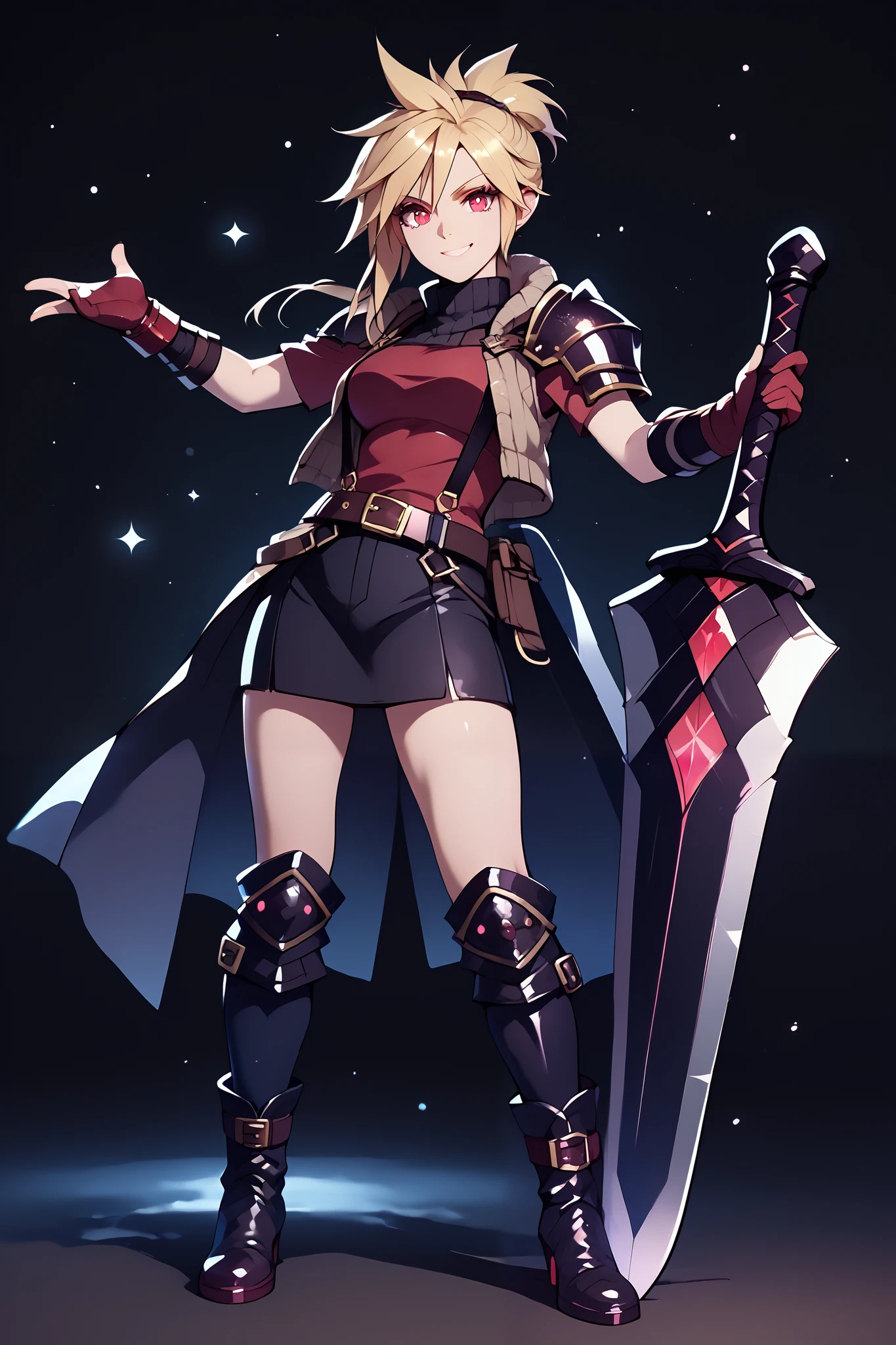 (masterpiece, best quality:1.2), red glowing eyes, red eyes, the eyes are red, perfect face, , strong make up, highres, 1 girl, solo, ultra long ponytail, (female:1.5), strife, blonde hair, shoulder armor, sleeveless turtleneck, suspenders, belt, gloves, bracer, evil smile, standing, portrait, looking at viewer, giant sword on the back, long leather boots, fullbody shot