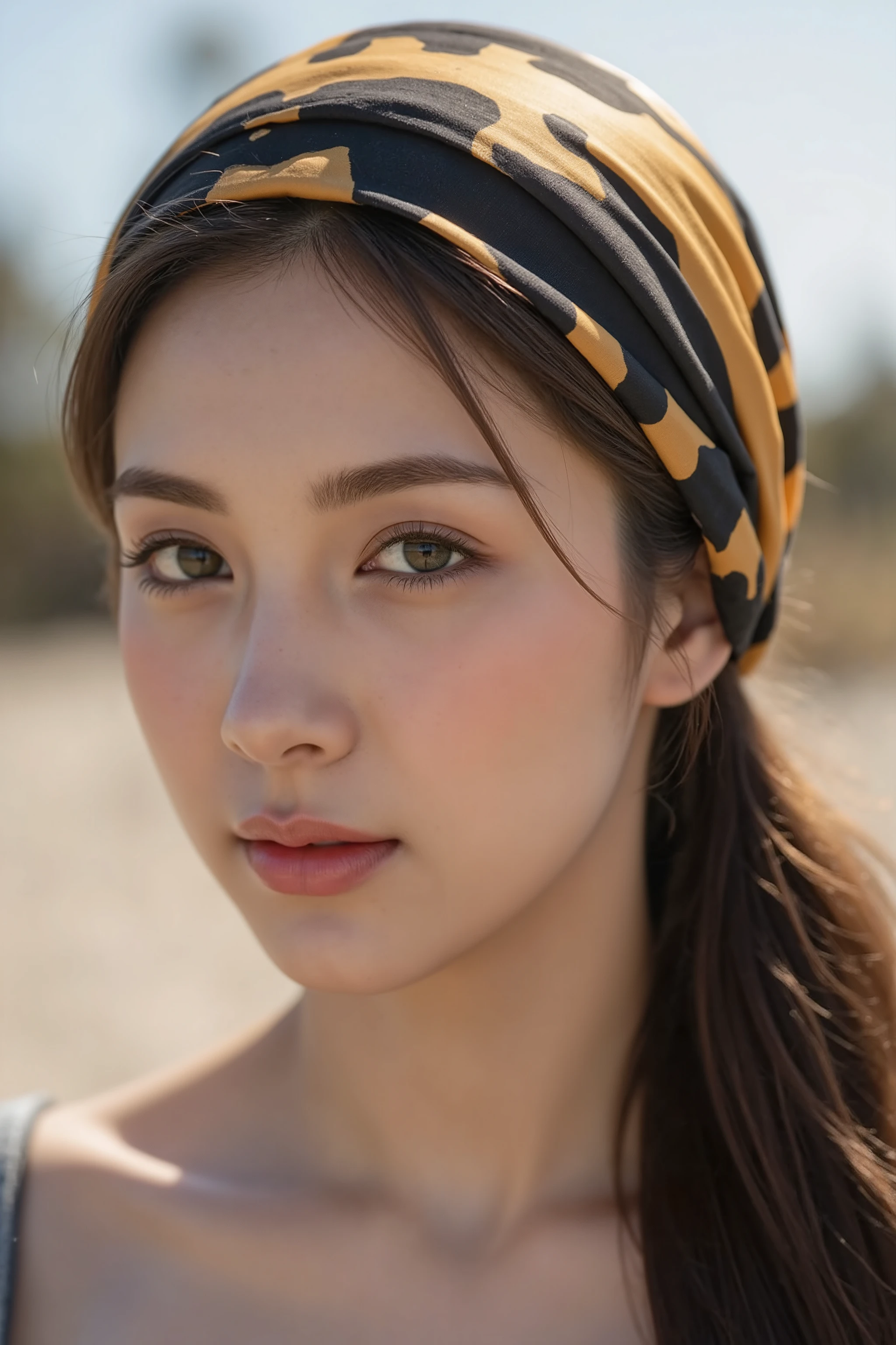 A close-up photograph of a young woman with light skin, green eyes, and full lips, set against a blurred, sunlit background. She wears a vibrant black and gold headscarf, with the black fabric draping over her forehead and the black cascading down her shoulders. Her makeup is subtle, highlighting her natural beauty. The lighting accentuates her smooth skin and the rich colors of her attire.