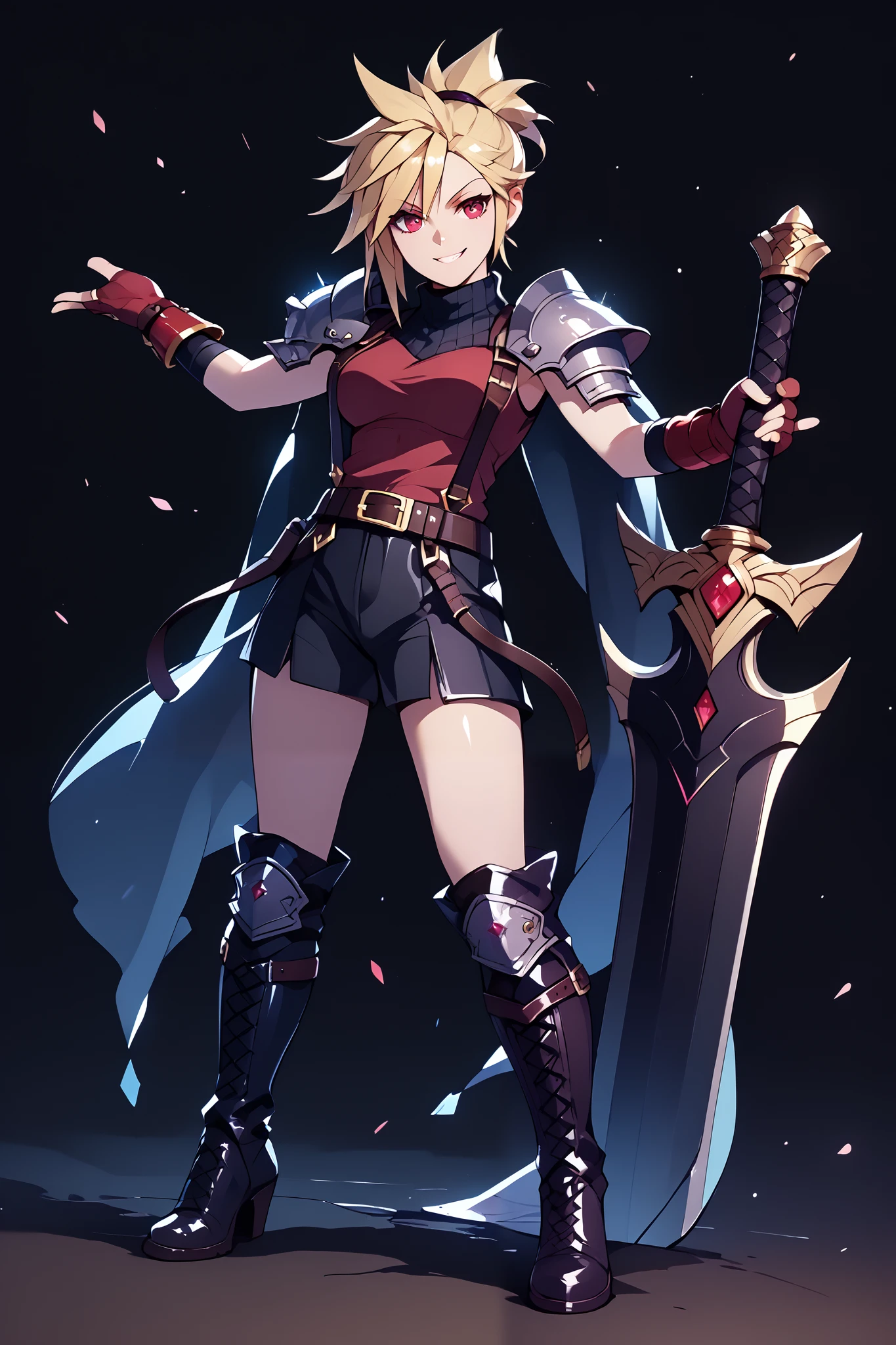 (masterpiece, best quality:1.2), red glowing eyes, red eyes, the eyes are red, perfect face, , strong make up, highres, 1 girl, solo, ultra long ponytail, (female:1.5), strife, blonde hair, shoulder armor, sleeveless turtleneck, suspenders, belt, gloves, bracer, evil smile, standing, portrait, looking at viewer, giant sword on the back, long leather boots, fullbody shot