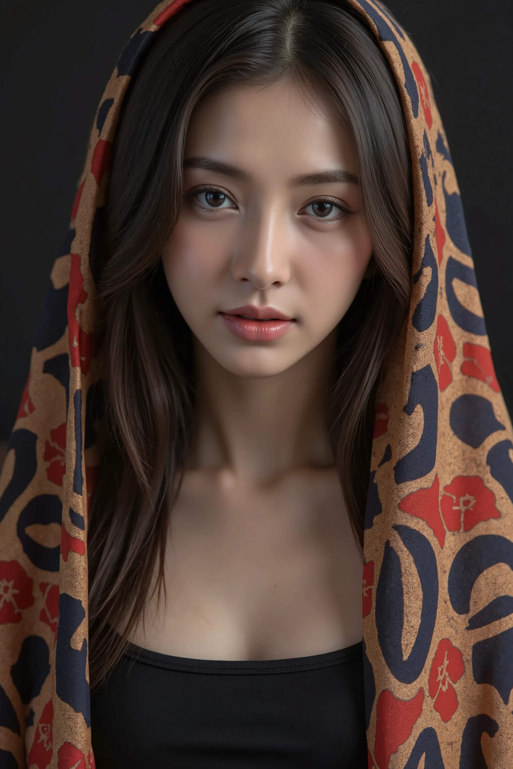This is a highly realistic digital painting of an East Asian woman with fair skin and long, straight black hair. She wears a vibrant, patterned scarf draped over her head and shoulders, featuring intricate red, gold, and blue designs. Her expression is serene and slightly melancholic, with large, expressive eyes. The background is a dark gradient, highlighting her face and the colorful scarf. The painting is hyper-detailed, capturing the textures of the fabric and the softness of her skin.