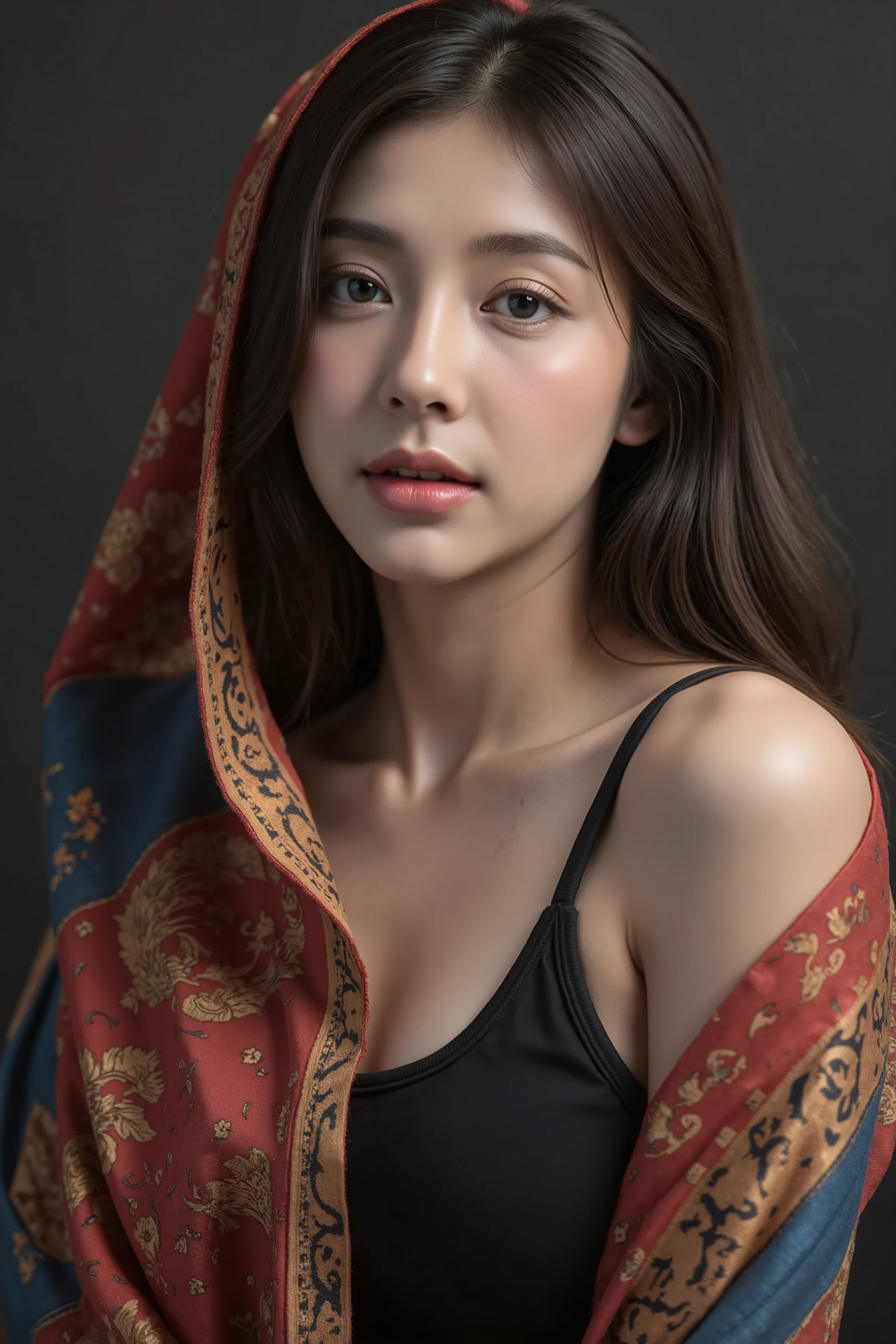 This is a highly realistic digital painting of an East Asian woman with fair skin and long, straight black hair. She wears a vibrant, patterned scarf draped over her head and shoulders, featuring intricate red, gold, and blue designs. Her expression is serene and slightly melancholic, with large, expressive eyes. The background is a dark gradient, highlighting her face and the colorful scarf. The painting is hyper-detailed, capturing the textures of the fabric and the softness of her skin.