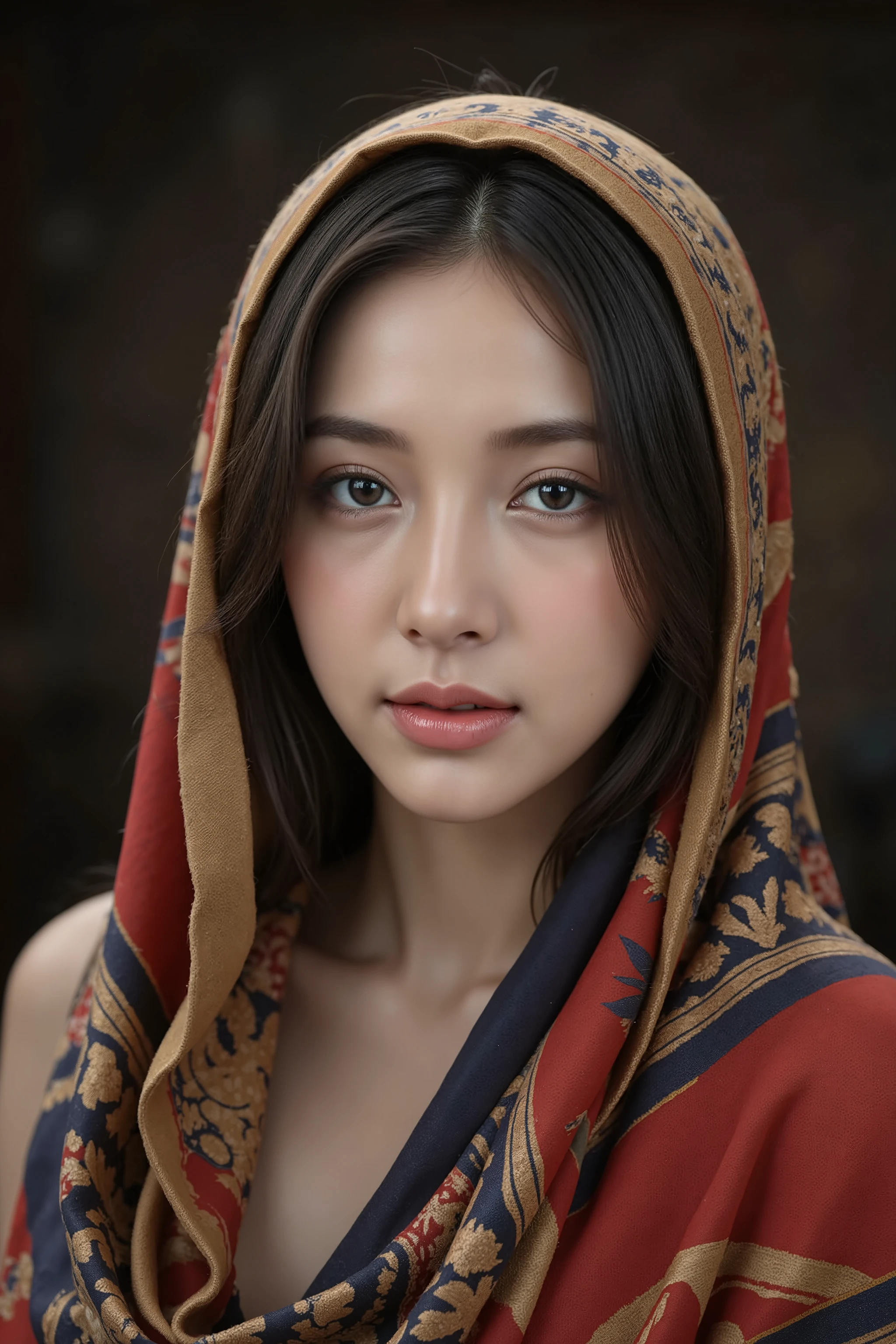This is a highly realistic digital painting of an East Asian woman with fair skin and long, straight black hair. She wears a vibrant, patterned scarf draped over her head and shoulders, featuring intricate red, gold, and blue designs. Her expression is serene and slightly melancholic, with large, expressive eyes. The background is a dark gradient, highlighting her face and the colorful scarf. The painting is hyper-detailed, capturing the textures of the fabric and the softness of her skin.