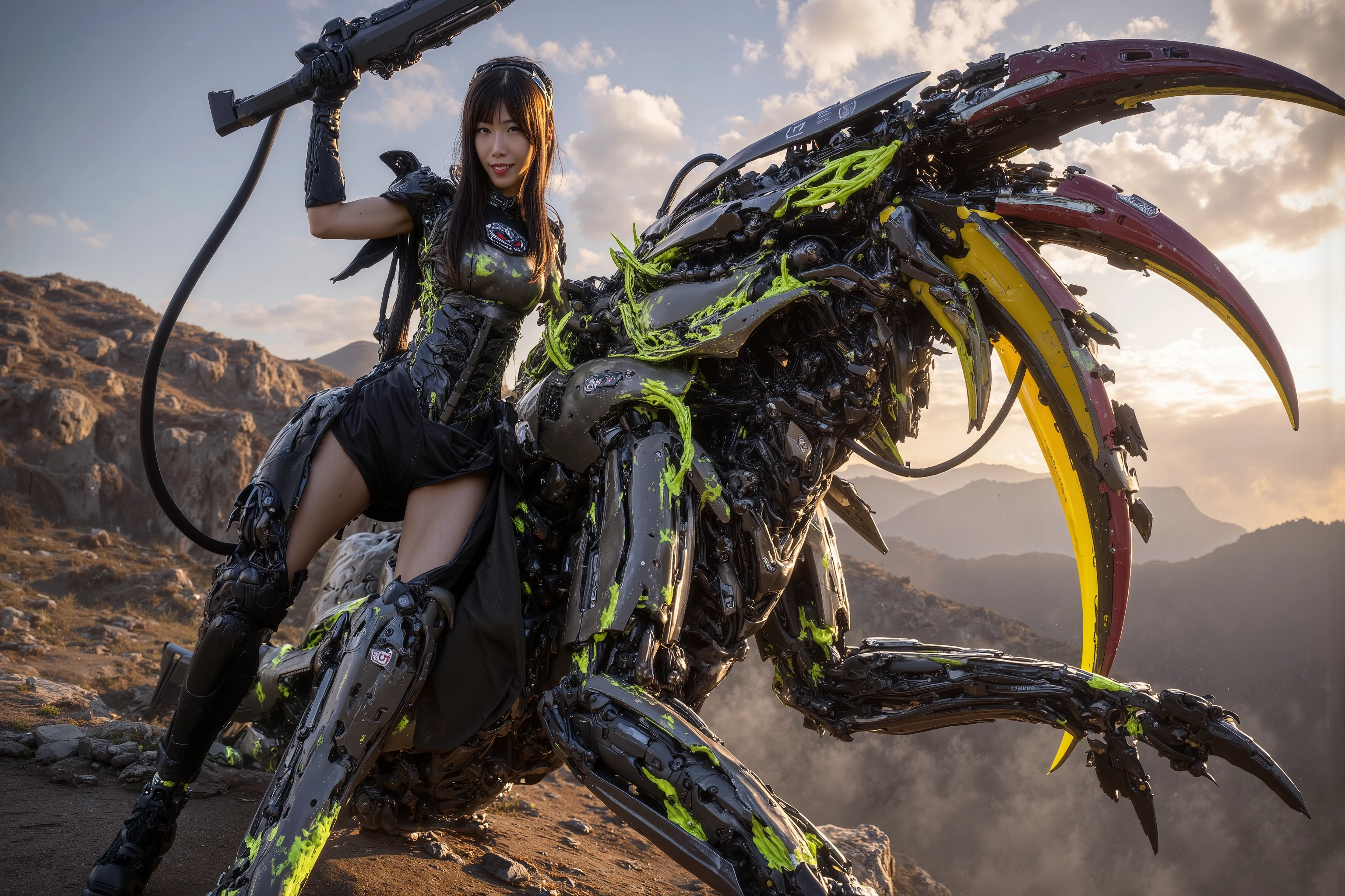 (subject 1: A scifi soldier, black and gray combat suit with coral like strength enhancing exoskeleton, cute, big gun and knife, covered in splotches of green alien slimy gore, warm friendly smile)), she is standing triumphantly with a weapon raise, one foot is on the blasted extremely battle damaged of a (subject 2:: scary alien combat beetle (rainbow carapace, green slime blood and gore, many horns and spikes, some broken cyborg enhancements)) warm sunrise on an alien rocky mountain 'I'm doing my part!' is written clearly across the top of the screen with the (starship trooper federation logo at the beginning and end of the sentence)

