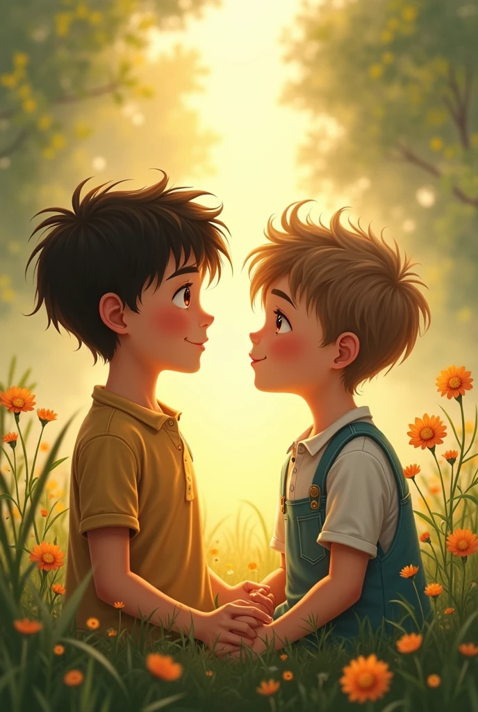 Two young brother loving and caring for each other in field