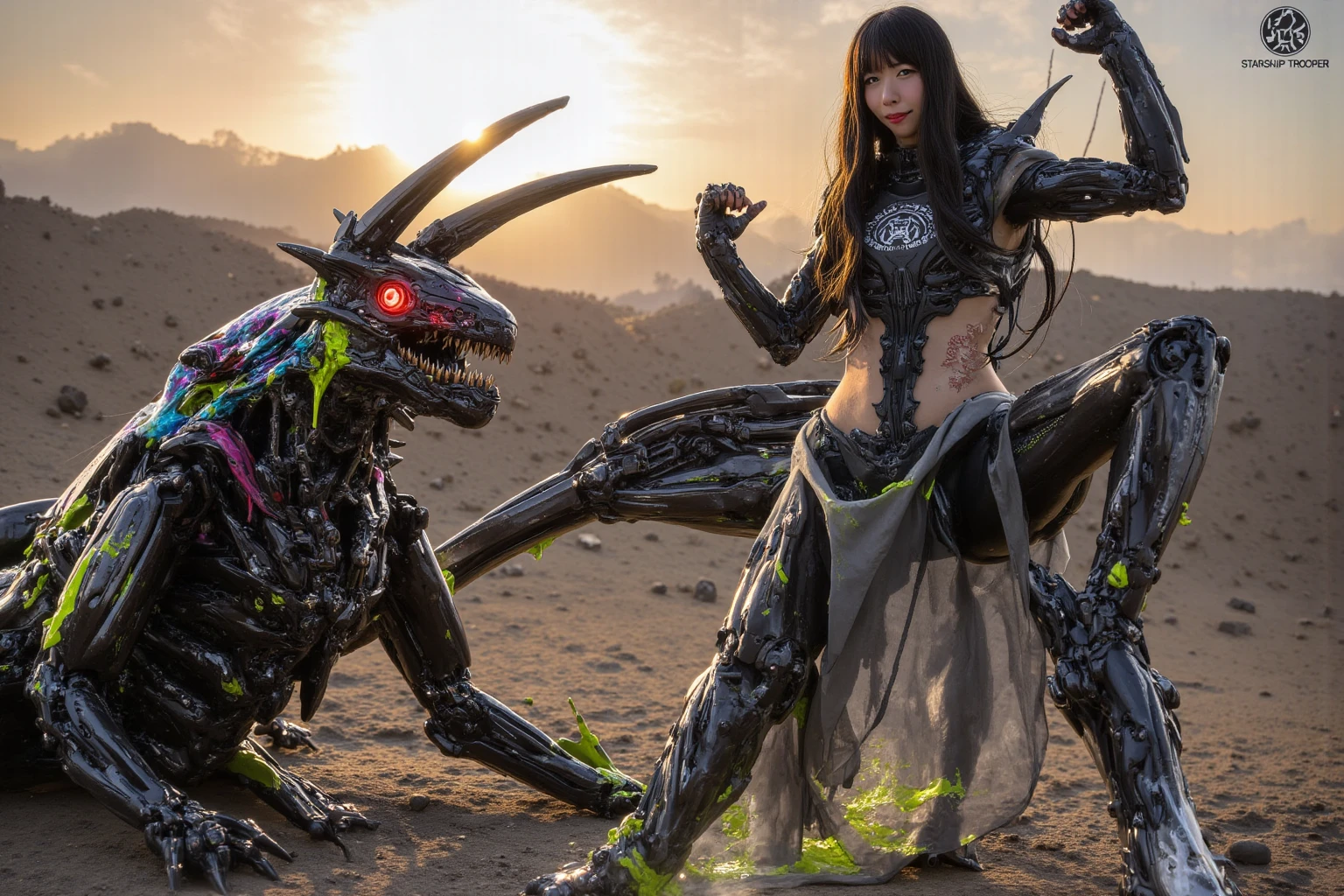 1girll，Big eyes，Perfect facial features，With a mecha helmet，mechs，Photorealsitic，Metallic，sitting on a stool，eyes looking at the lens，Lips slightly open，There is a mecha dragon behind him，Dragon，best qualtiy，c4d渲染，rendering by octane，Cinematic quality，tmasterpiece，16k