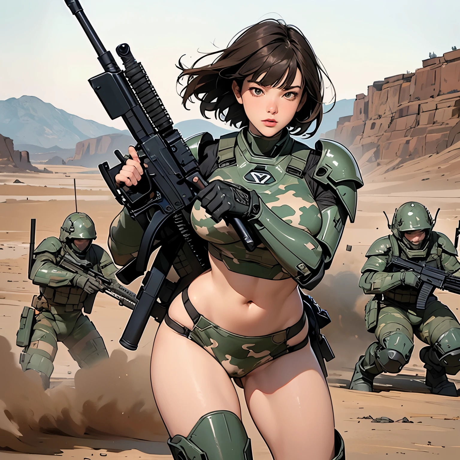 (Detailed illustrations,Very detailed and detailed drawing,Delicate lines with slow and rapid,Realistic texture expression),[Color tressed main line],(Martian battlefield [Desert Ruins]),[独奏],HENTAI ((ANIME) BIONICGirl) Beauty (14years))((well-muscled)) [SKINNY],cyborgs [MACHINEARMY Mobile Infantry Military],Bullet belt [Hood cloak [Brute knife]] [Heavy Mace [javelin]] [[Shells Mortars Grenades]],gravure [[catfight]] Battle Damage,[retro-futuristic],(Intricate and beautiful decoration [Dense detail]),(Fine and beautiful skin expression [Transparency]),[Perfect eye details (Iris beautifully drawn in every detail)[Jewel-like eyes]],[long and beautiful eyelashes],[Meticulously drawn hair [More on beautiful and shiny hair]],(Perfect hand details [Beautiful fingers without breakdowns [Beautiful nails]]),(Perfect Anatomy(Perfectly proportioned))[[Full body like]],[[Design built to the highest level]][Ideal color coordination(Accurate simulation of light-material interactions)],([Precision Detail](detaileds,high-detail)),[Visual art that conveys a sense of narrative].