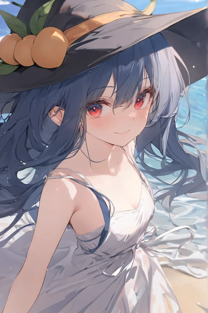 Boutique, top quality , best quality, Official Art ,Cool, Beautiful , and picky , Very Detailed( fractal art 1 .2),The most detailed, a girl , face is expressionless when tied to the back ,Dark blue long hair ,Wearing a witch hat , crimson eyes , Very Detailed , high detail , bend over, Hands clasped to the chest ,Wearing a white sundress ,sunny,seaside, shut up smile