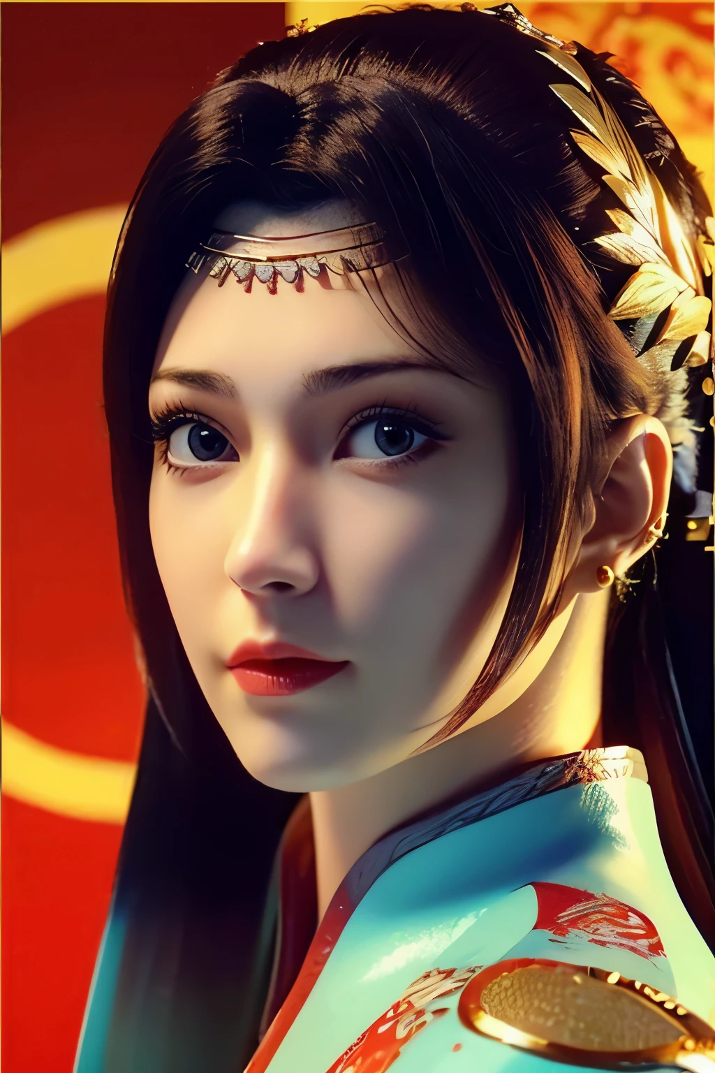1girl, close up face, beautiful, wearing Red cheongsam dress gold flower pattern.