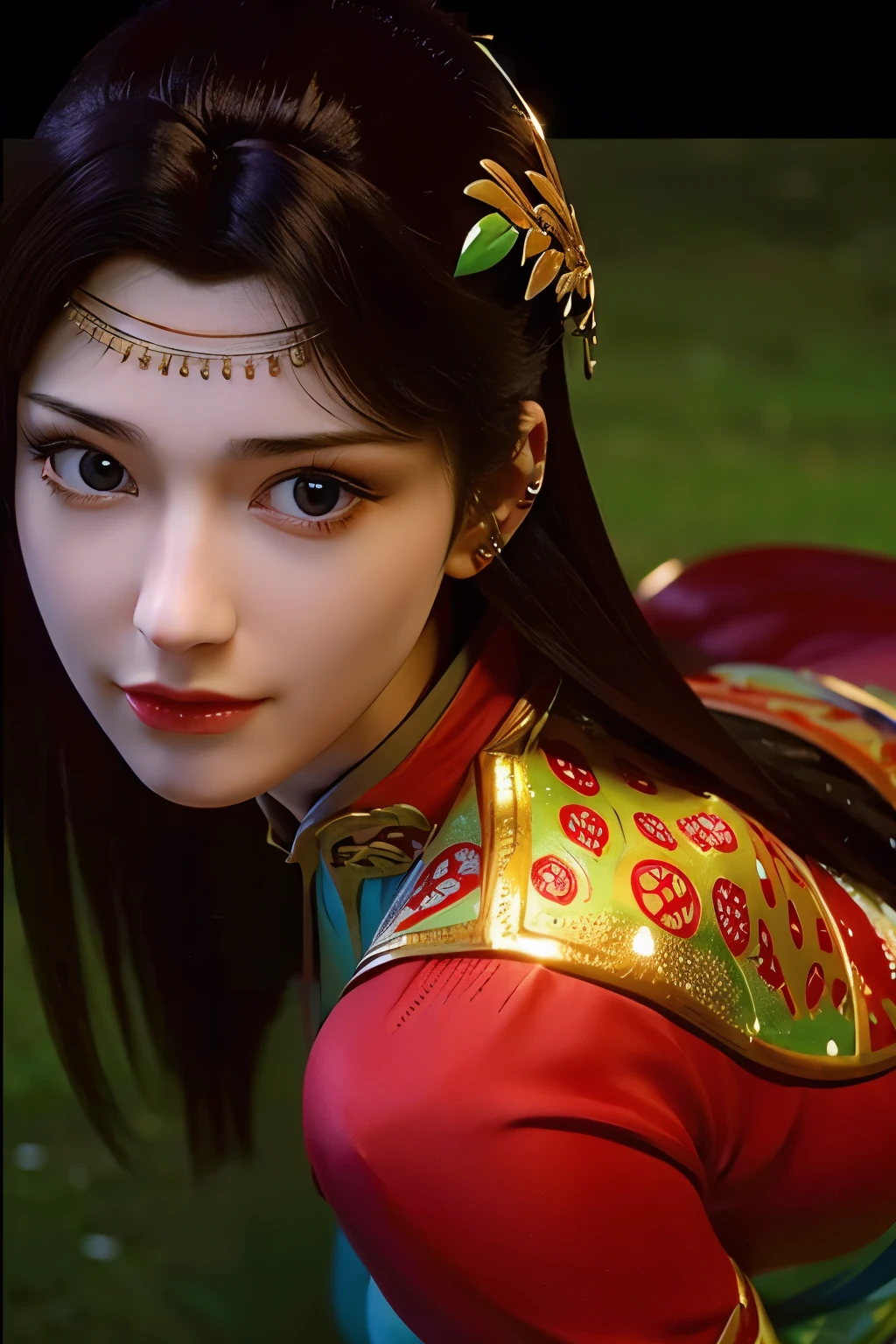 1girl, close up face, beautiful, wearing Red cheongsam dress gold flower pattern.