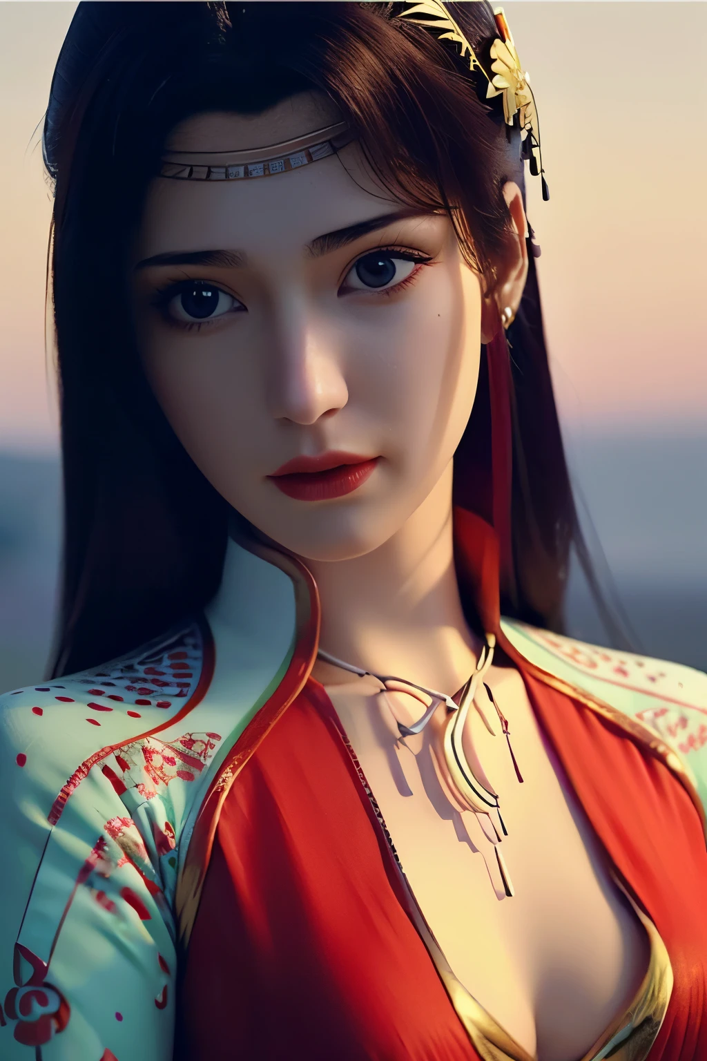 1girl, close up face, beautiful, wearing Red cheongsam dress gold flower pattern.