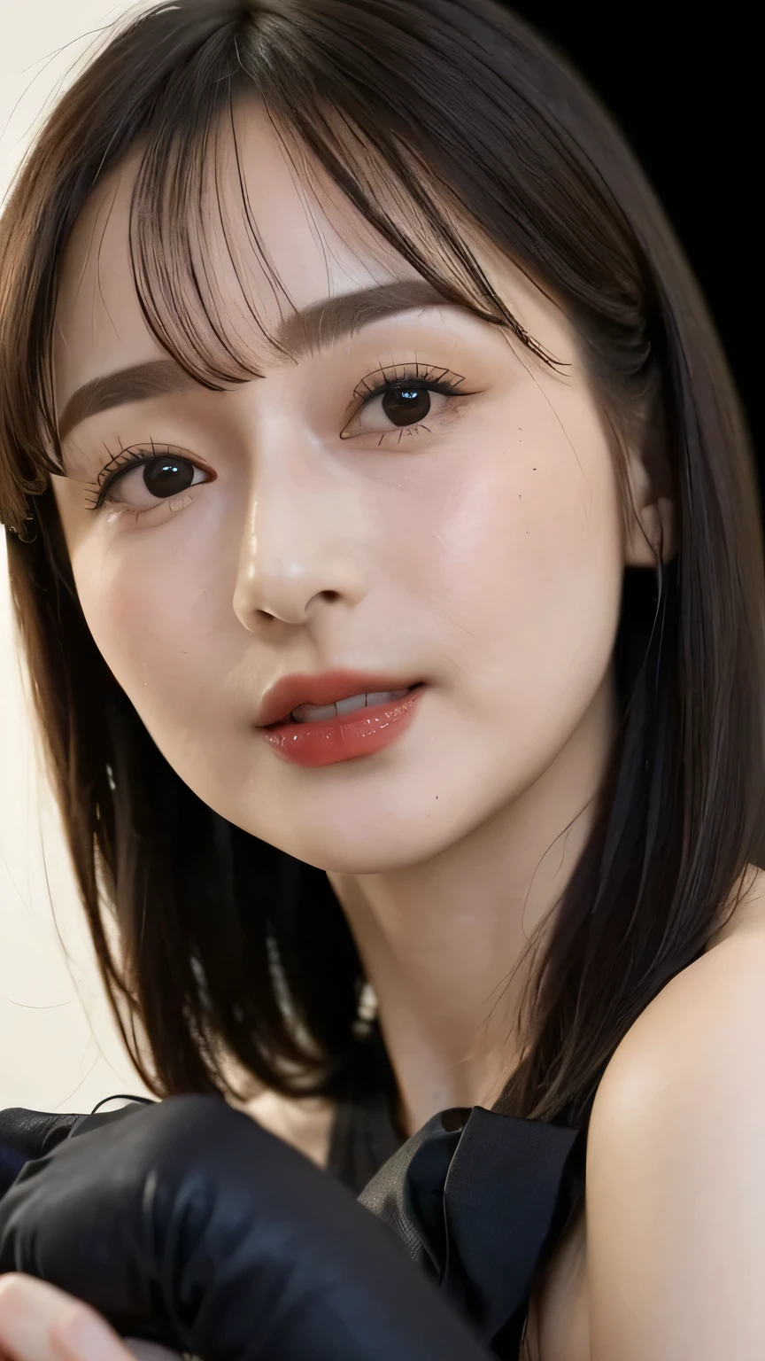 (realistic, photo-realistic:1.4), (masterpiece, best quality:1.2), RAW photo, high resolution, intricate details, extremely detailed, realistic and sharp details, cinematic lighting, portrait, frontal photography, solo, 1girl, a 40 years old Japanese woman, dark hair, (short bob hair, blunt bangs:1.2), (detailed face, detailed eyes, beautiful eyes, beautiful pupils, sophisticated nose, cheerful grin), pale skin, collarbone, (small breasts:1.5), (small nipples:1.5), (silk see through opera gloves), (だらしなく脚を開いて:1.5), (sitting relaxed on a sofa), (anatomically correct:1.5), (black lace panty), (anatomically correct), in a luxury room, indoors, 