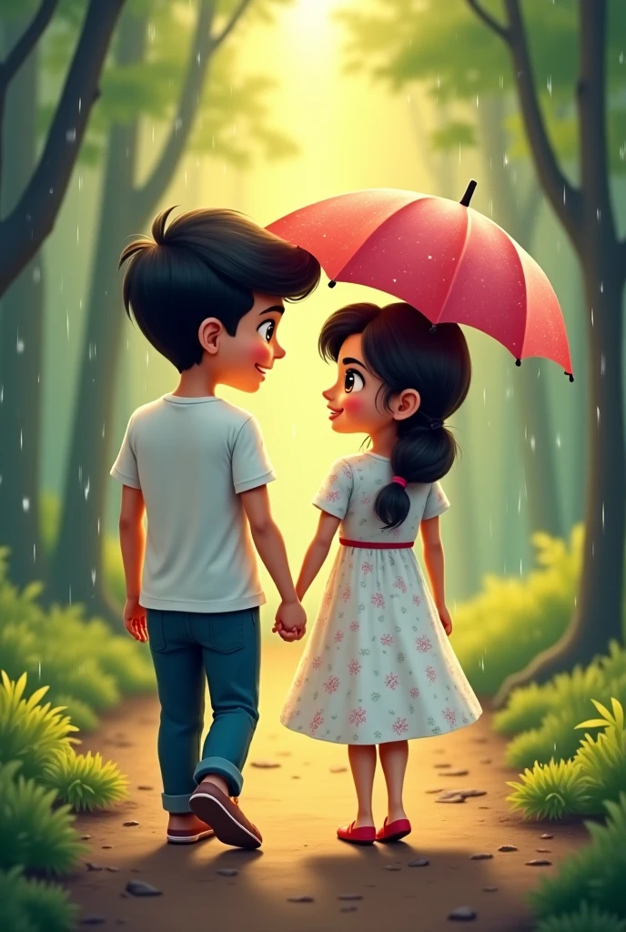 a Indian couples younger age under 10 age , walking in park , rain weather both hands in shoulder enjoying rain
the boy is wearing a yellow stylish printed shirt , the girl with pink white mix printed shirt and without in shirt,stylish and boy name with "FIGHTER" small written on it's back , girl name with "SPANDANA" small written on it's back , in big and bold fonts, 3d illustration