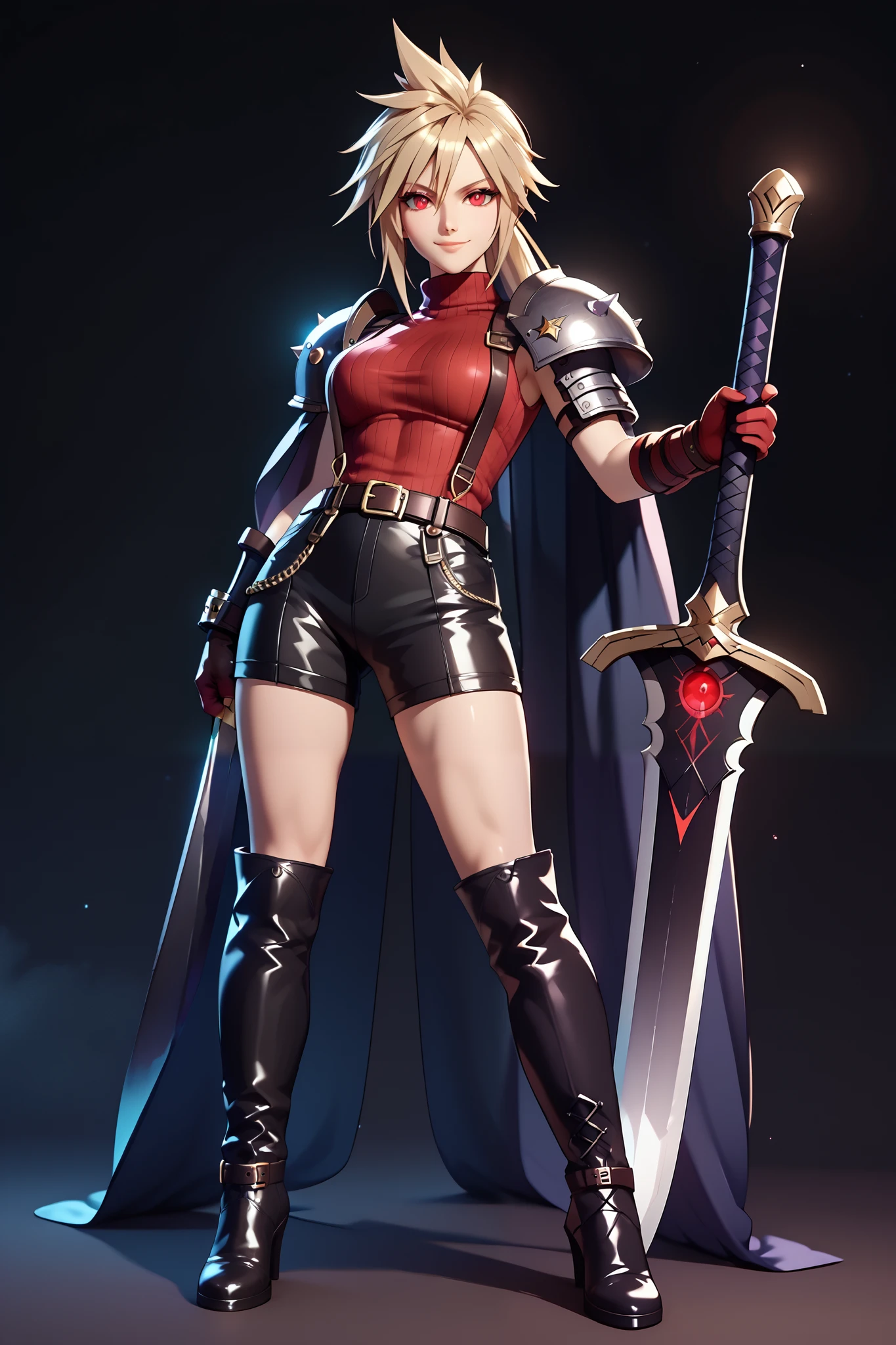 (masterpiece, best quality:1.2), red glowing eyes, red eyes, the eyes are red, perfect face, , strong make up, highres, 1 girl, solo, ultra long ponytail, (female:1.5), strife, blonde hair, shoulder armor, sleeveless turtleneck, suspenders, belt, gloves, bracer, evil smile, standing, portrait, looking at viewer, giant sword on the back, long leather boots, fullbody shot