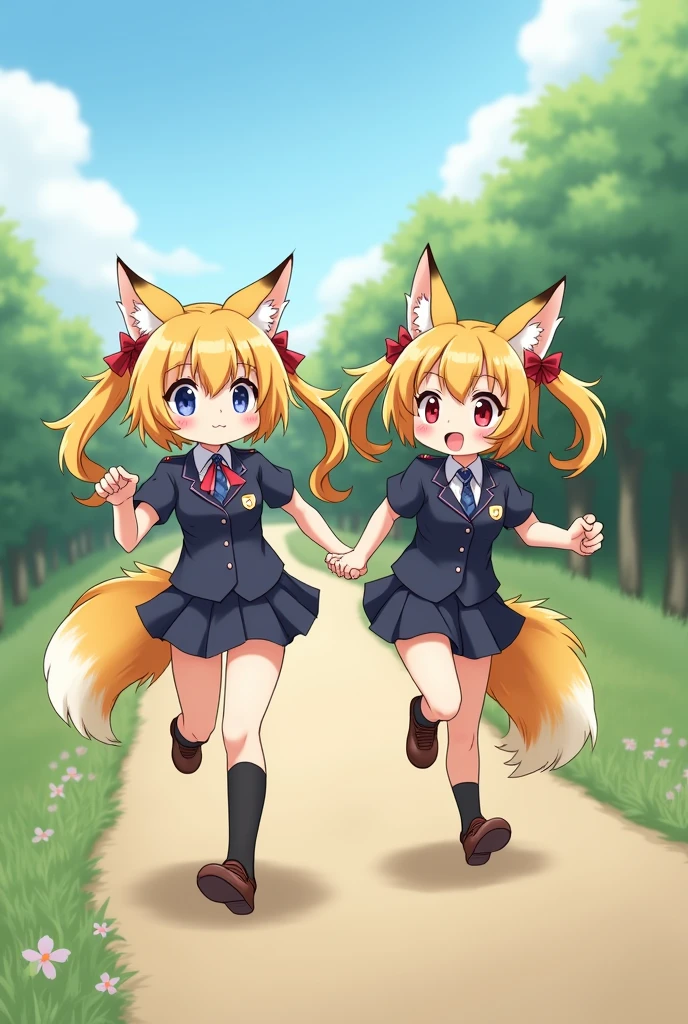 , score_9,score_8_up,score_7_up, source_furry, An anthro furry fox girl, yellow furry fox girl, yellow eyes, yellow fox ears, blonde hair, long braided hair, snout, black nose, wearing black blazer, white button up shirt. Black skirt, black combat boots, hands behind her back, coy pose, on a school campus,