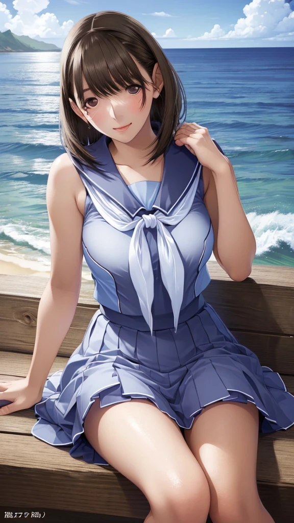 masterpiece, best quality, highres, nico robin, long hair, black hair, bucket hat, white headwear, eyewear on headwear, sunglasses, forehead, blue eyes, collarbone, bare shoulders, cleavage, blue dress, short dress, sleeveless, <lora:nico_robin_v1:0.7>, standing, cowboy shot, outdoors