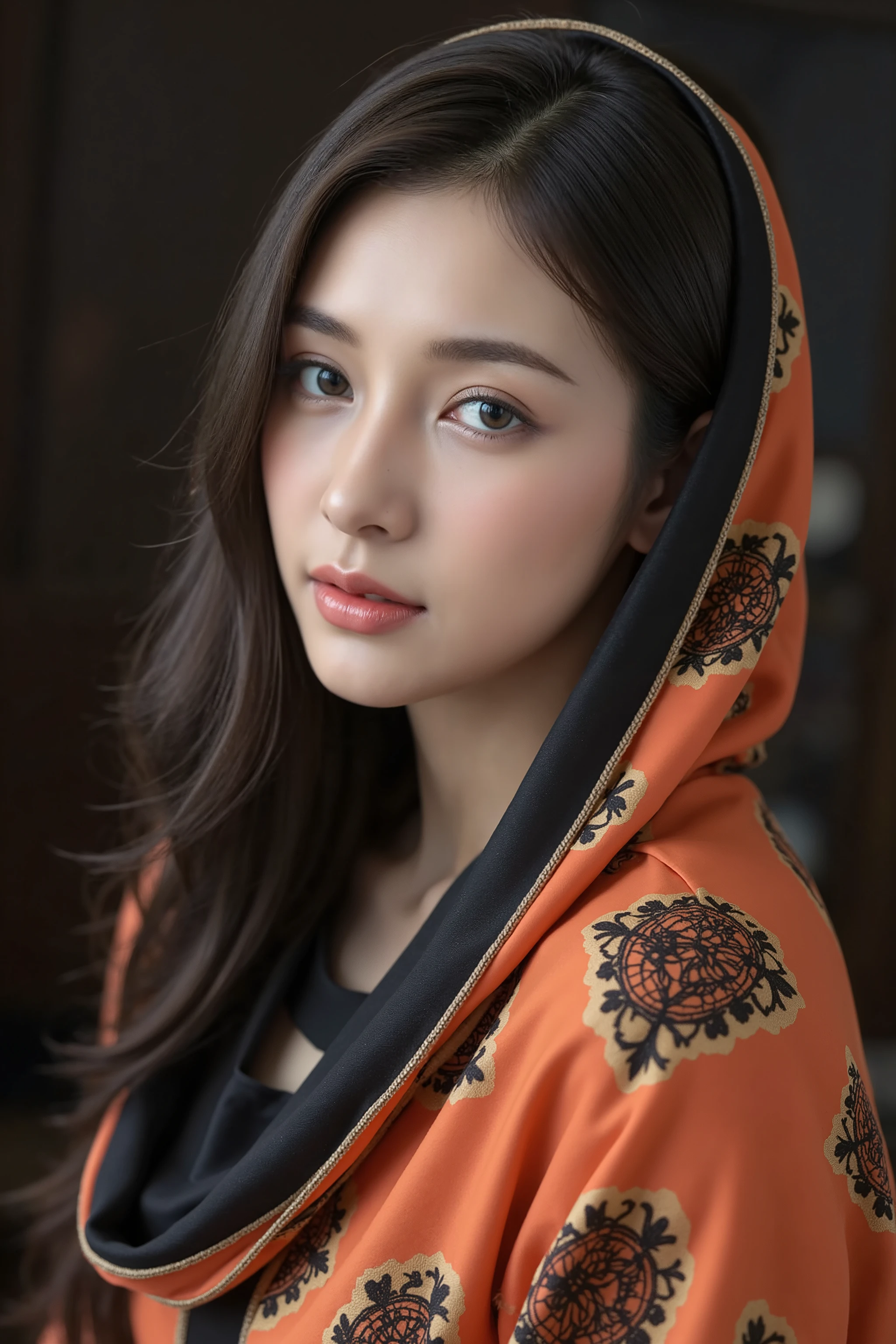 This is a highly realistic digital painting of an East Asian woman with fair skin and long, straight black hair. She wears a vibrant, patterned scarf draped over her head and shoulders, featuring intricate black, gold lace designs. Her expression is serene and slightly melancholic, with large, expressive eyes. The background is a dark gradient, highlighting her face and the black scarf. The painting is hyper-detailed, capturing the textures of the fabric and the softness of her skin.
