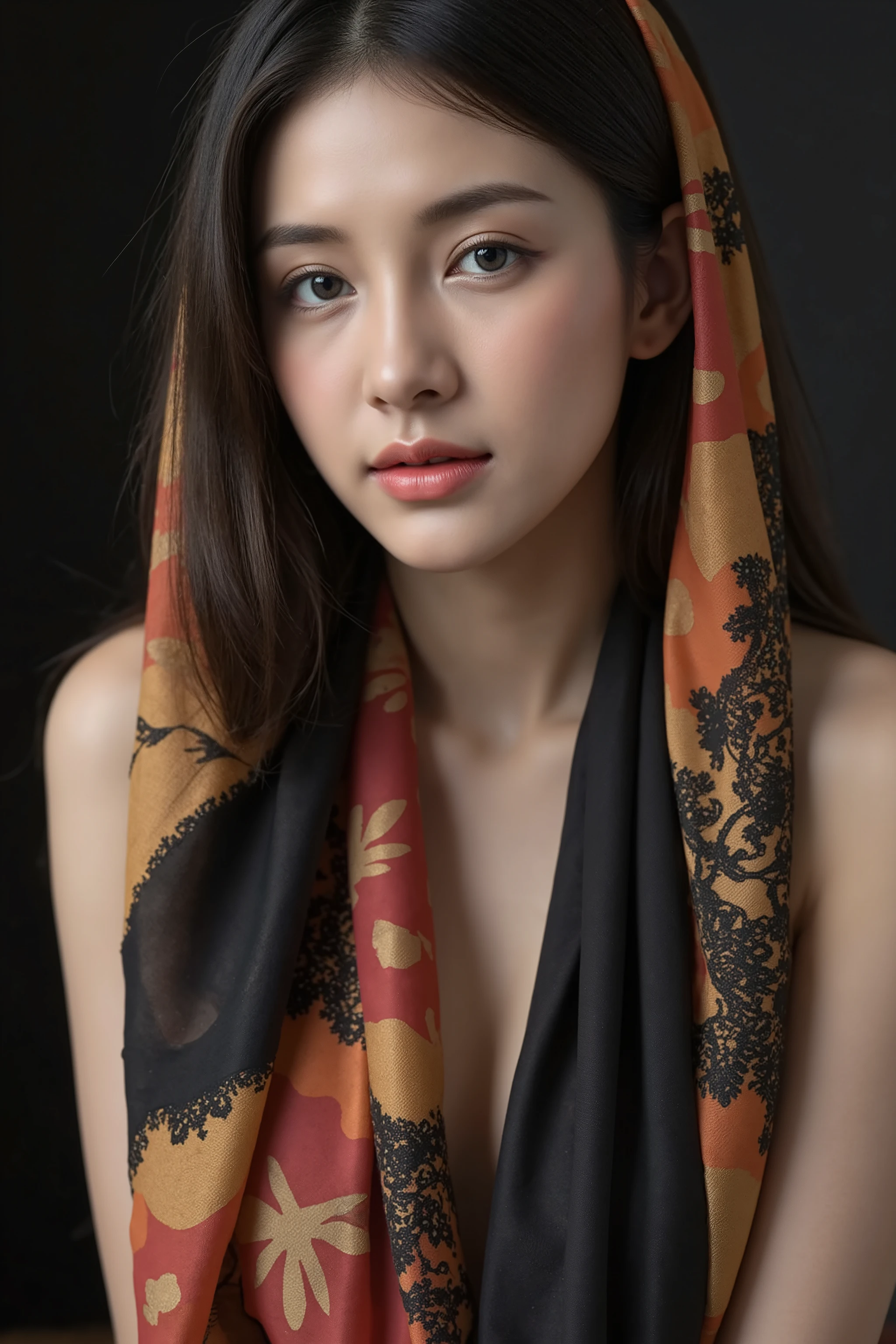 This is a highly realistic digital painting of an East Asian woman with fair skin and long, straight black hair. She wears a vibrant, patterned scarf draped over her head and shoulders, featuring intricate black, gold lace designs. Her expression is serene and slightly melancholic, with large, expressive eyes. The background is a dark gradient, highlighting her face and the black scarf. The painting is hyper-detailed, capturing the textures of the fabric and the softness of her skin.