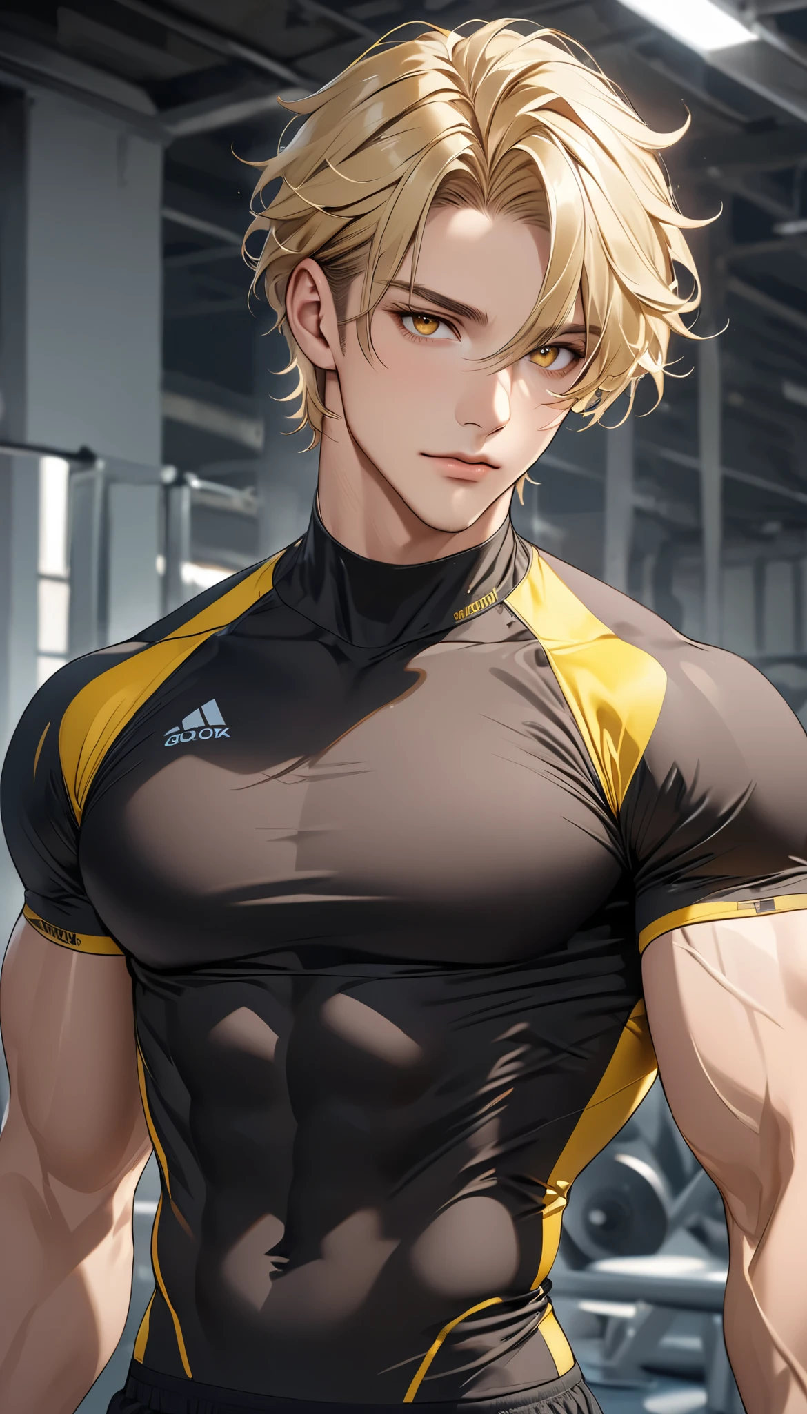 A handsome blonde hair man, with brown-yellow eyes, with a good body proportion wearing a compression shirt