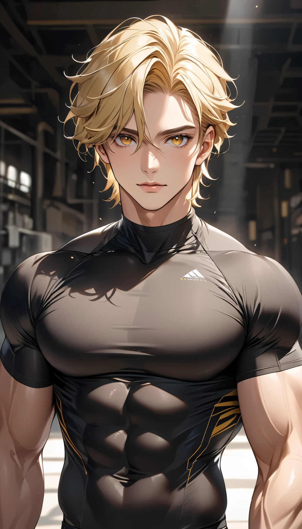A handsome blonde hair man, with brown-yellow eyes, with a good body proportion wearing a compression shirt