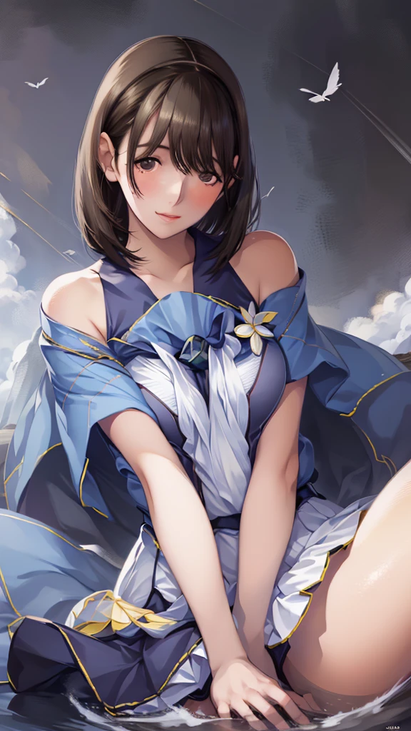 sunfes, uniform,  small mini shako cap, kasaki nozomi, ponytail, blue eyes, smile, small breasts,
looking at viewer, looking down, frome below, sleepy eye, smile, teeth, sitting, knee up, presenting toe, foreshortening, foot, legs, thighs,
outdoors, dynamic angle, beautiful purple sunset, 
(masterpiece:1.2), best quality, high resolution, unity 8k wallpaper, (illustration:0.8), (beautiful detailed eyes:1.6), extremely detailed face, perfect lighting, extremely detailed CG, (perfect hands, perfect anatomy),