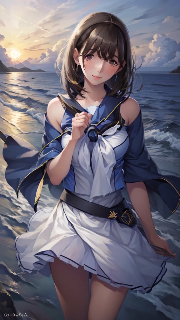 a beautiful woman with short hair straight bangs gently over the eyebrows, long side bangs and hair height following the face line, with Japanese style clothes, charming deep eyes, sea waves on the beach, night sky