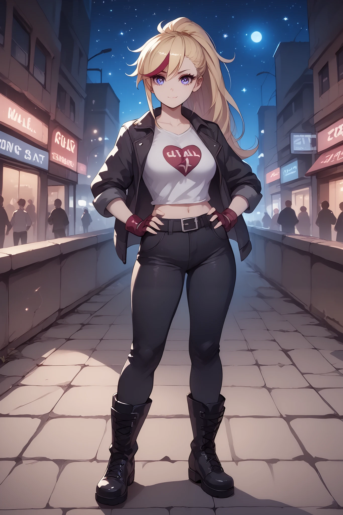 Lady, young woman, girl, long side bangs, long flowing ponytail, blonde with red highlights on hair, red stripes on hair, wasteland outfit, thick eyelashes, ultra detailed face, idol, black pants, black 'n white t shirt, streets adornments, black boots, fingerless gloves, futuristic adornments, lovely, city streets, night, starry night, cute walk