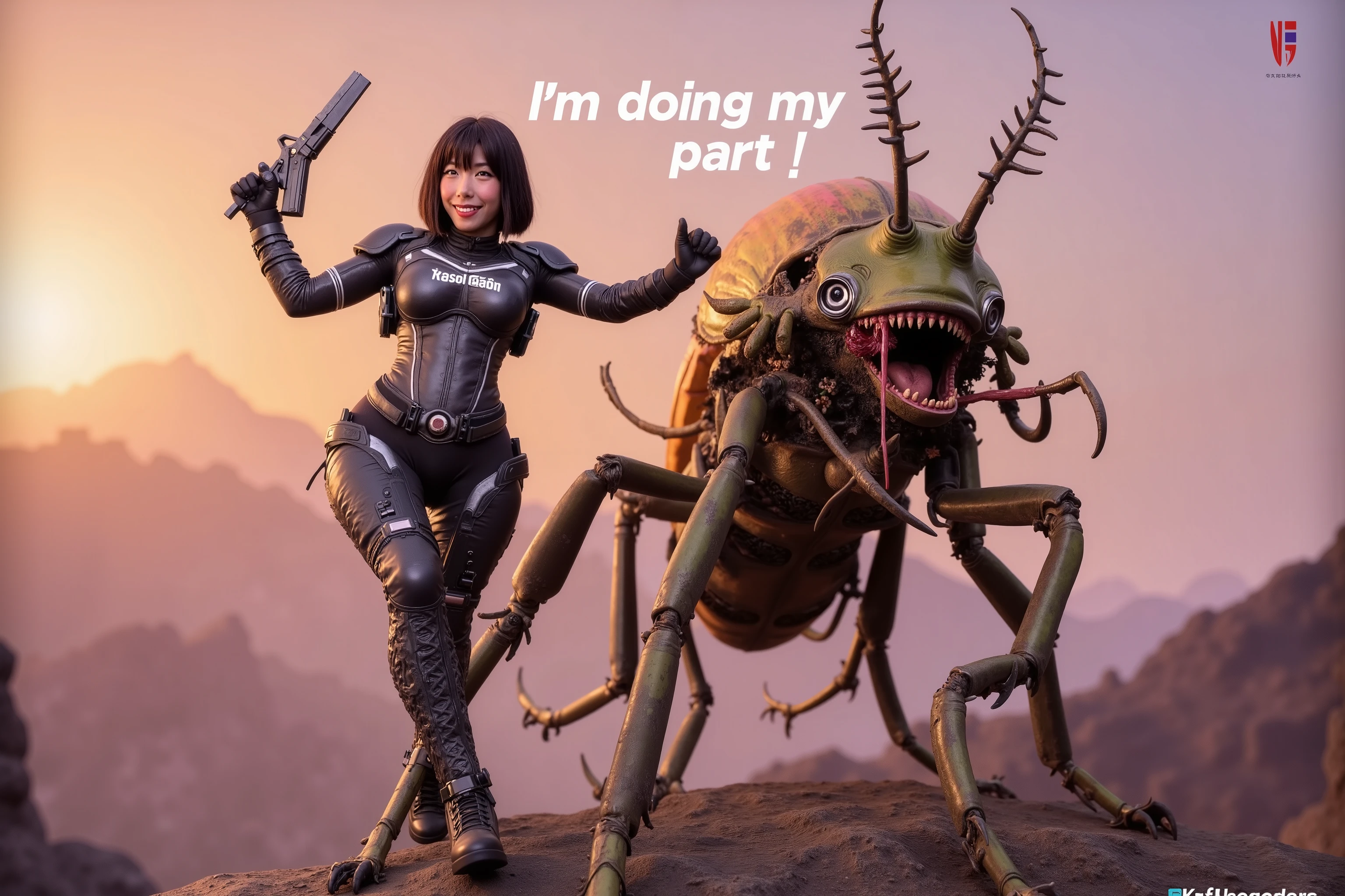 (subject 1: A scifi soldier, black and gray combat suit with coral like strength enhancing exoskeleton, cute, big gun and knife, covered in splotches of green alien slimy gore, warm friendly smile)), she is standing triumphantly with a weapon raise, one foot is on the blasted extremely battle damaged of a (subject 2:: scary alien combat beetle (rainbow carapace, green slime blood and gore, many horns and spikes, some broken cyborg enhancements)) warm sunrise on an alien rocky mountain 'I'm doing my part!' is written clearly across the top of the screen with the (starship trooper federation logo at the beginning and end of the sentence)