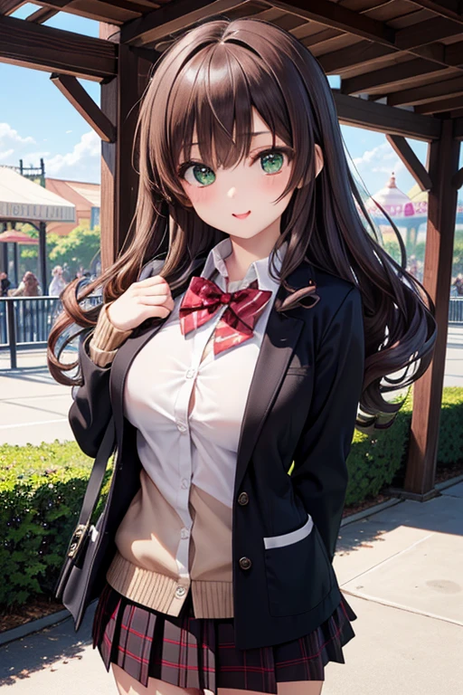 ((masterpiece, best quality, highres, UHD, perfect pixel, depth of field, 4k, RTX, HDR))), 1girl, single, solo, beautiful anime girl, beautiful artstyle, anime character, ((long hair, bangs, brown hair, curly hair:0.5)), ((green eyes:1.4, rounded eyes, beautiful eyelashes, realistic eyes)), ((detailed face, blushing:1.2)), ((smooth texture:0.75, realistic texture:0.65, photorealistic:1.1, anime CG style)), medium breasts, dynamic angle, perfect body, ((portrait, pov)), ((red bowtie, school uniform, black jacket, open jacket, brown cardigan, white shirt, black skirt, plaid skirt)), smile, hands up, amusement park