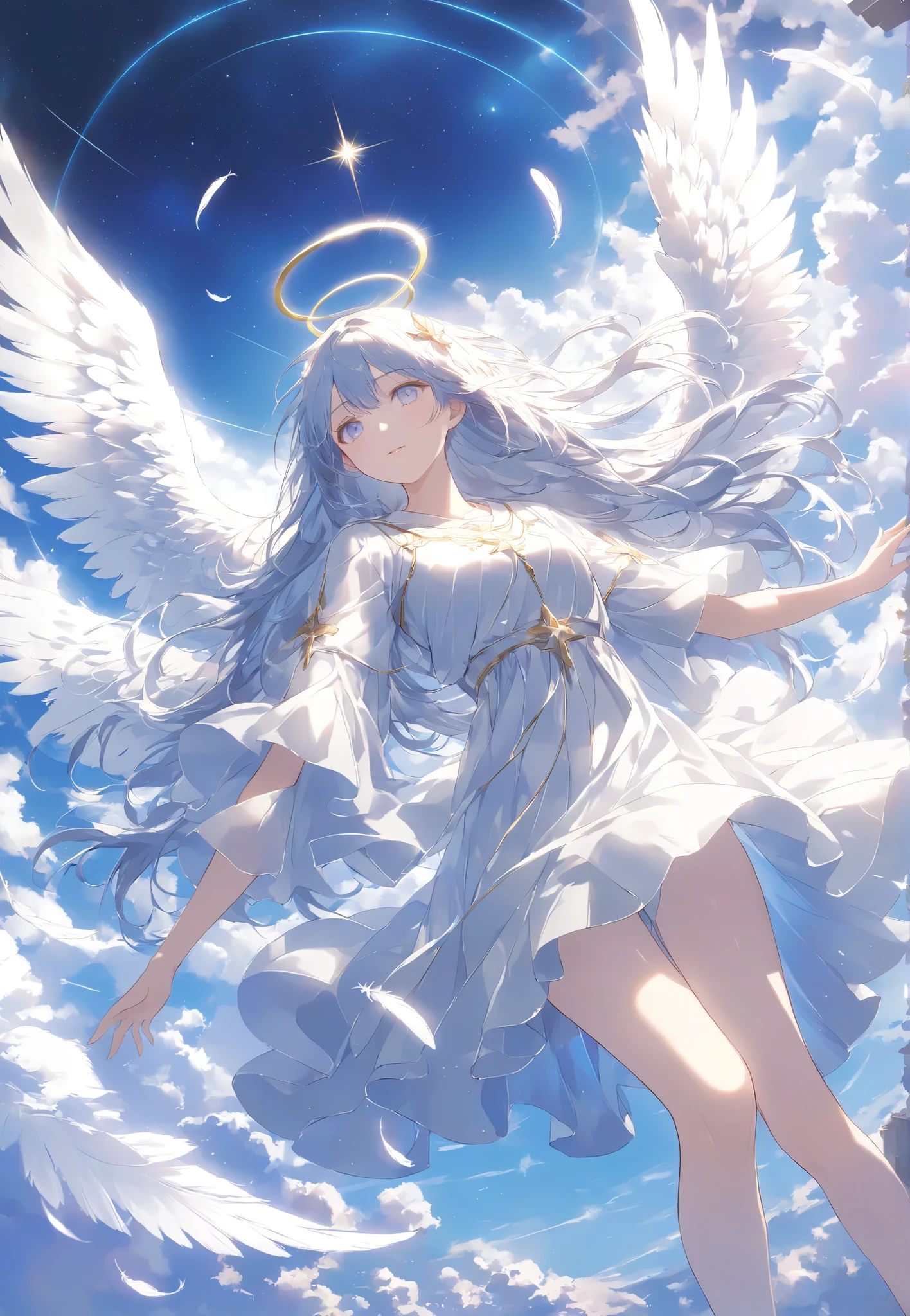 Masterpiece, High Quality , high resolution, 16k, illustration by Makoto Shinkai , animation of images, detailed background, super real, digital paint, dark fantasy, Celestial View , angel girl with white feathers, floating in the air , Expanding Arms Like Christ, Glittering Costume , shiny long hair、White Eyes, long lashes, clean skin, Beautiful Legs, Light Shining from Behind , Sacred Expressions, Temple of God, Aura of Light, cinematic angle