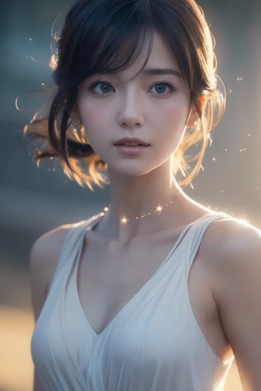 Female Elf Waist Shot, Convoluted, Slender face, Elegant, Wearing a sapphire necklace, White light dress with strap, Facing Camera, Highly detailed, Digital Painting, art stations, Concept art, Smooth, Sharp Focus, Illustration, art by artgerm and greg rutkowski and alphonse mucha, 8K, Volumetric fog, bloom, llight rays, lumen, Crank bokeh