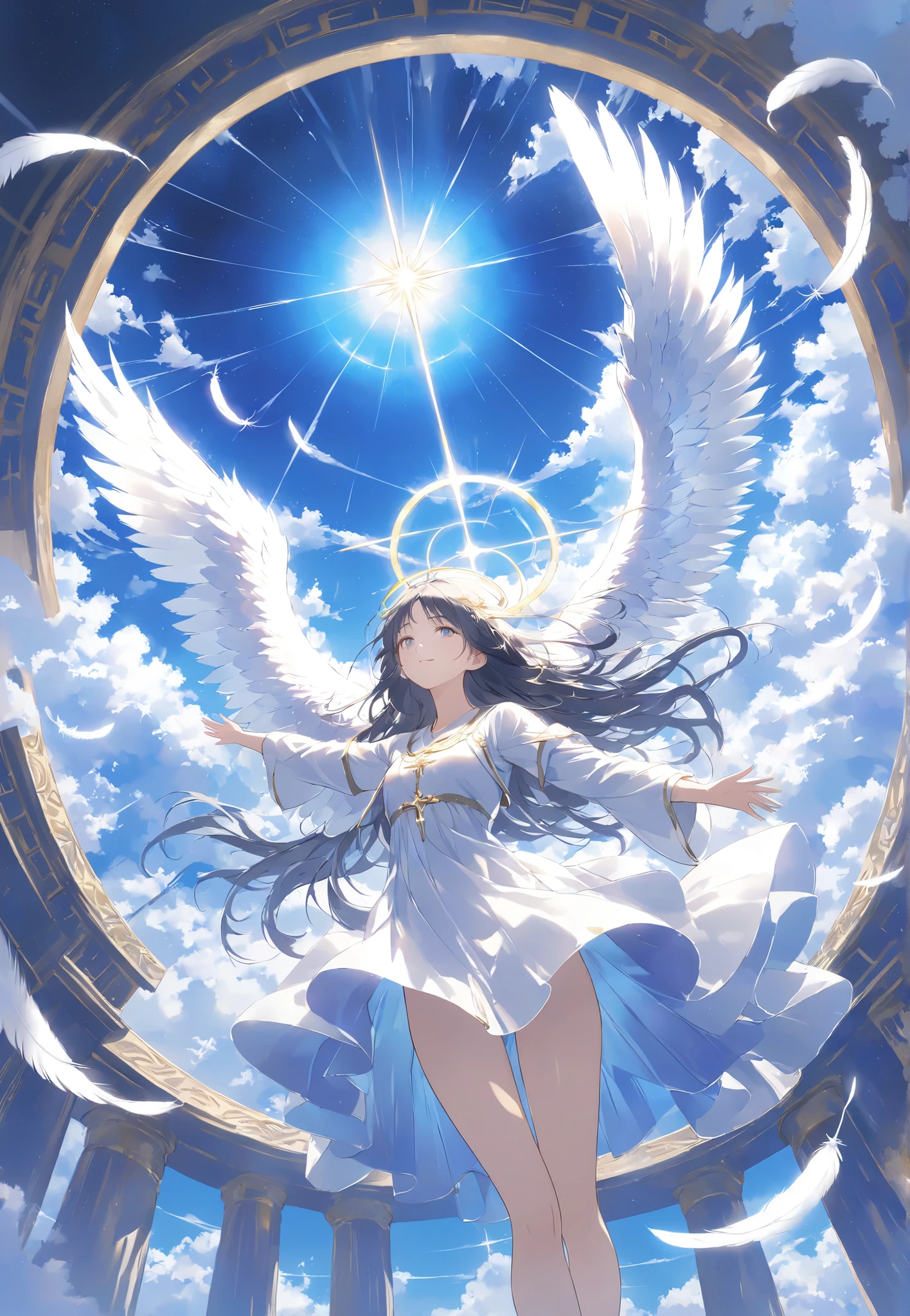 Masterpiece, High Quality , high resolution, 16k, illustration by Makoto Shinkai , animation of images, detailed background, super real, digital paint, dark fantasy, Celestial View , angel girl with white feathers, floating in the air , Expanding Arms Like Christ, Glittering Costume , shiny long hair、White Eyes, long lashes, clean skin, Beautiful Legs, Light Shining from Behind , Sacred Expressions, Temple of God, Aura of Light, cinematic angle