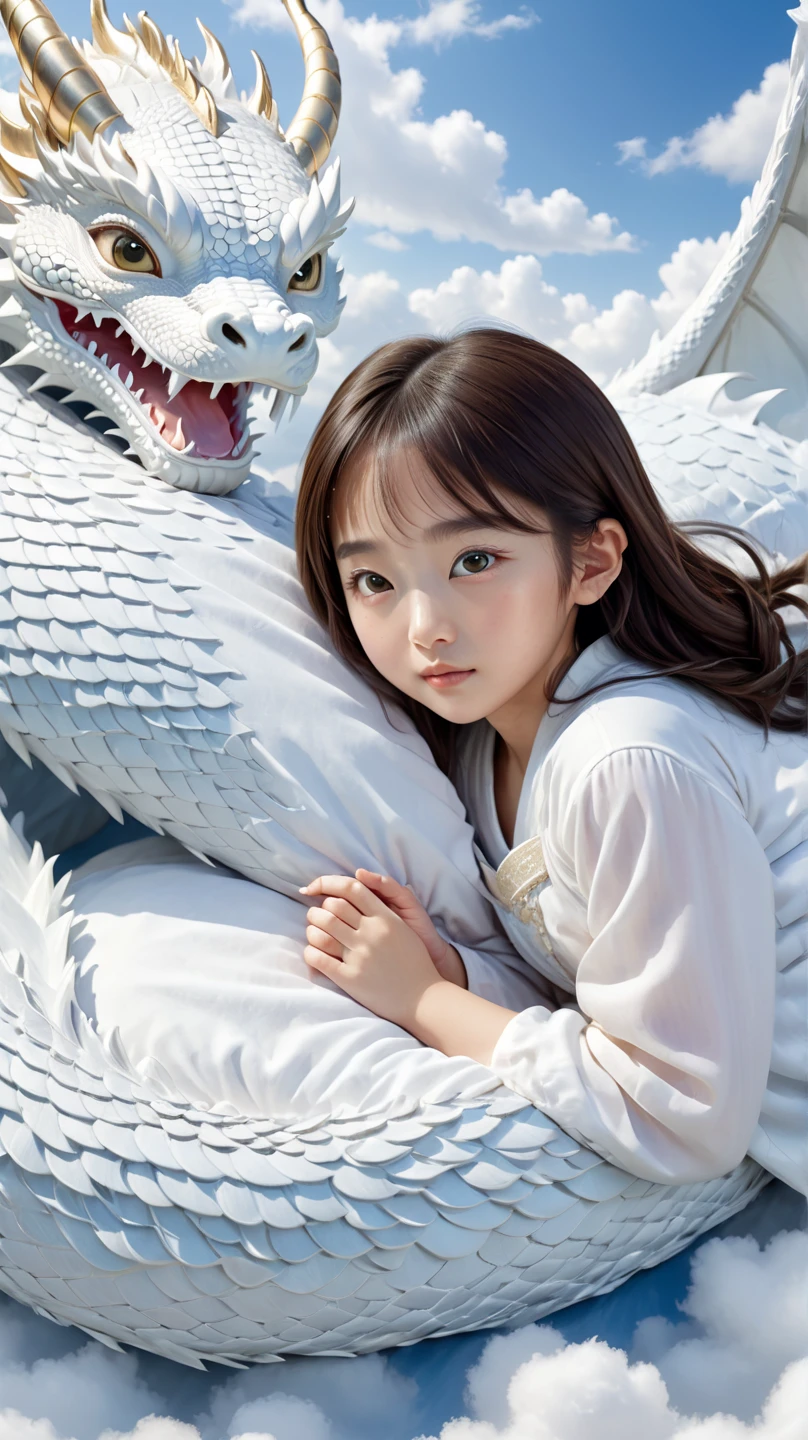 1 year old Chinese girl,Lovely, Round your face,Slept in a golden dragon bed, Two-horned dragon, Shutterstock Contest Winner, Fantasy art, Illustrated images, A dragon made of clouds, Chinese Fantasy, Camera shot, Intricate and sophisticated details, high quality,Japanese girl