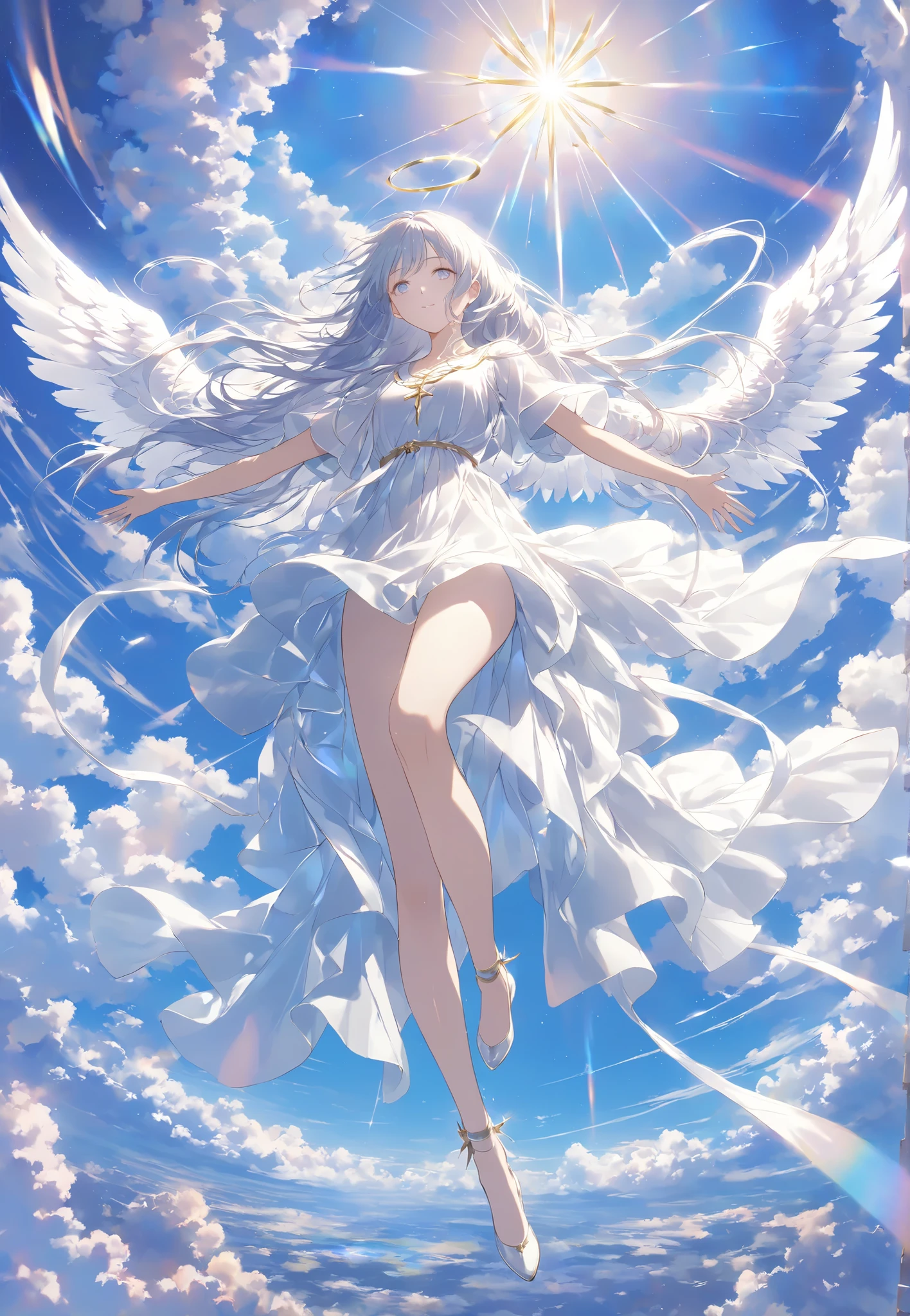 Anime girl in white dress flying in the sky with a sun - SeaArt AI