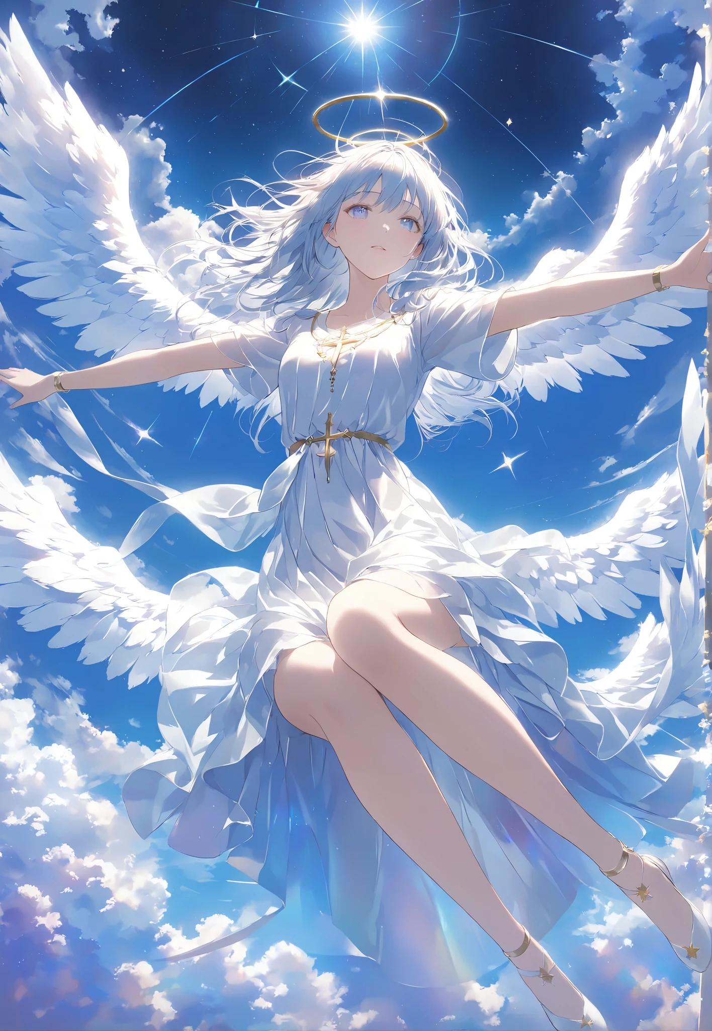 Masterpiece, High Quality , high resolution, 16k, Illustration by Makoto Shinkai, animation of images, detailed background, Hyperrealistic , digital paint, dark fantasy, Celestial View , Angel Girl , floating in the air , Expanding Arms Like Christ, Glittering Costume , shiny long hair、White Eyes, long lashes, clean skin, Beautiful Legs, Light Shining from Behind , Sacred Expressions, Temple of God, Aura of Light, cinematic angle