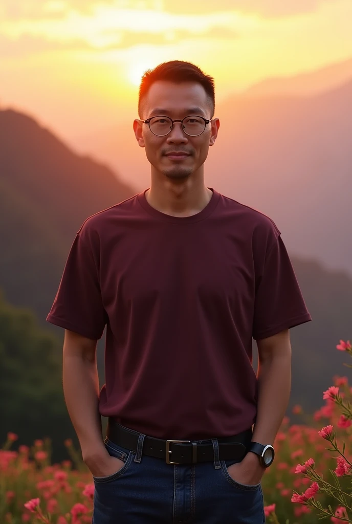 Chinese man wearing blue and white plaid shirt and black pants,Standing in front of a temple on the top of a mountain,Full body image,Realistic