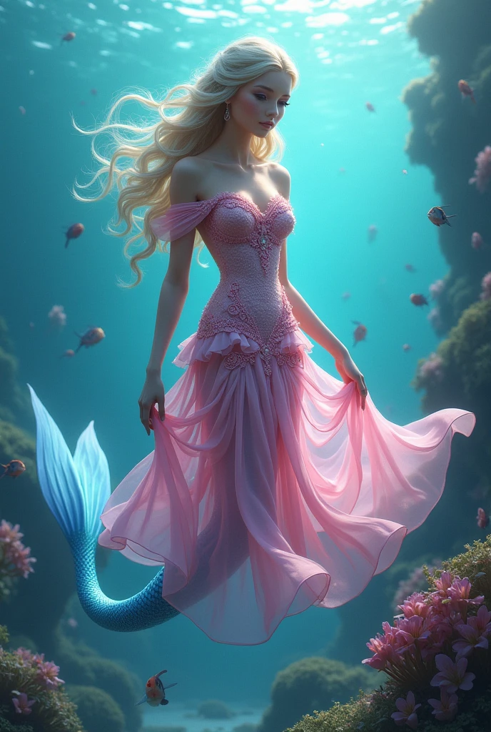 A woman in a pink dress sits in a pool, Ross Chen 8 k, Covered with coral, 🌺 CG Society, in the style of Ross Chen, Surrounded by frozen flowers, Inspired by Ross Tran, Ross Chen. Landscape background, Queen of the Sea Mu Yanling, Ross Chen and wlop, Ariana Grande as a mermaid, Fantasy Photography