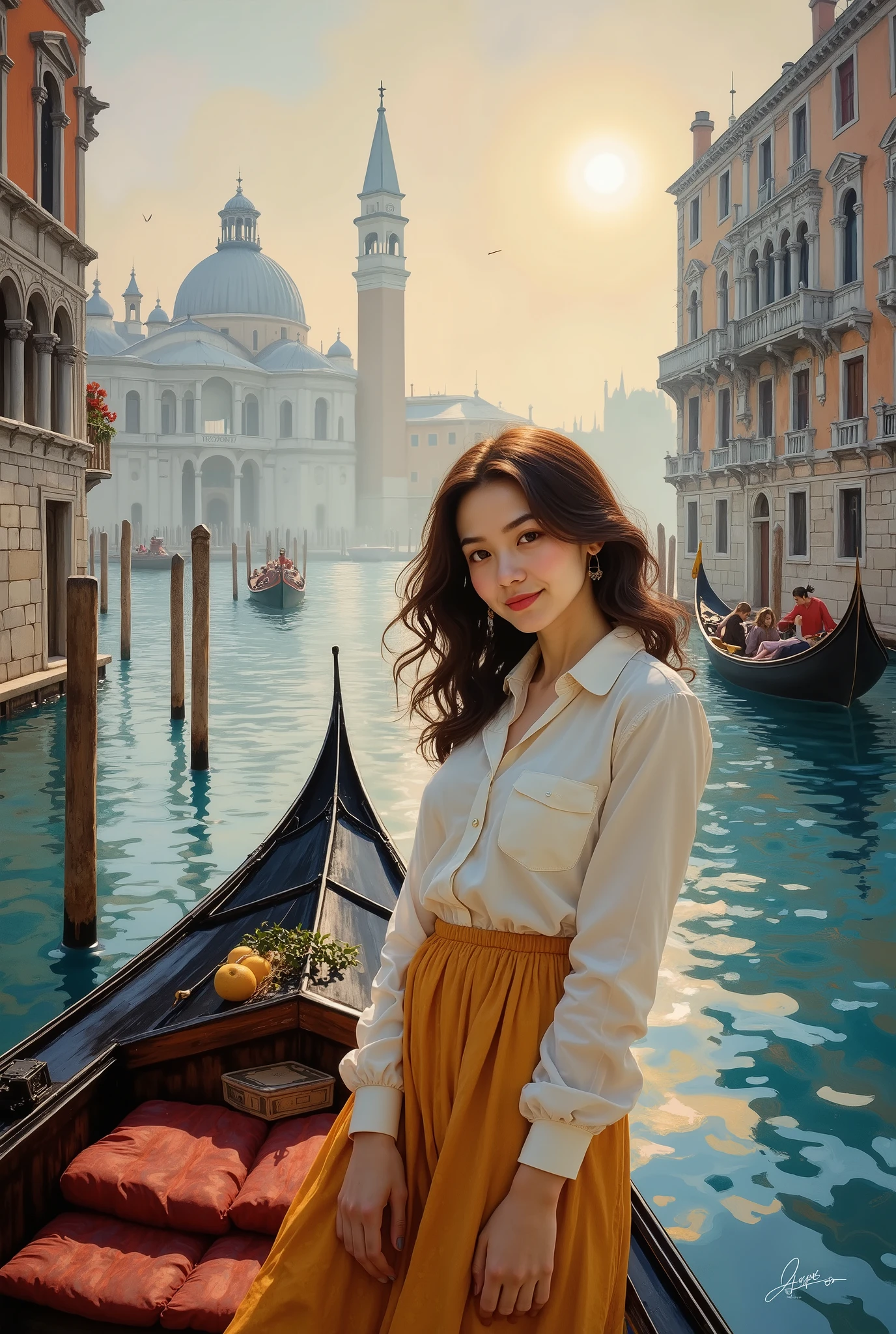 (8k,  top quality,   Masterpiece  ,  Final Fantasy Style: 1.2)Impressionist painting, landscape painting, pointillism, painting influenced by Seurat, Venice, St. Mark's Square, canal, gondola, Venice in fog, thick morning mist, quiet dawn, twilight canal, soft morning sun, beautiful woman smiling with morning sun on her face