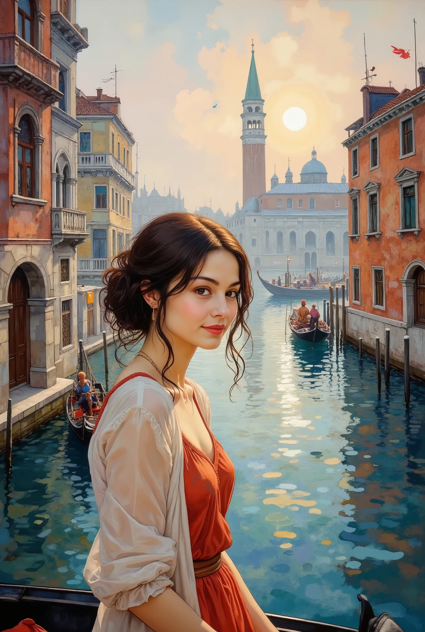(8k, top quality, Masterpiece , Final Fantasy Style: 1.2)Impressionist painting, landscape painting, pointillism, painting influenced by Seurat, Venice, St. Mark's Square, canal, gondola, Venice in fog, thick morning mist, quiet dawn, twilight canal, soft morning sun, beautiful woman smiling with morning sun on her face
