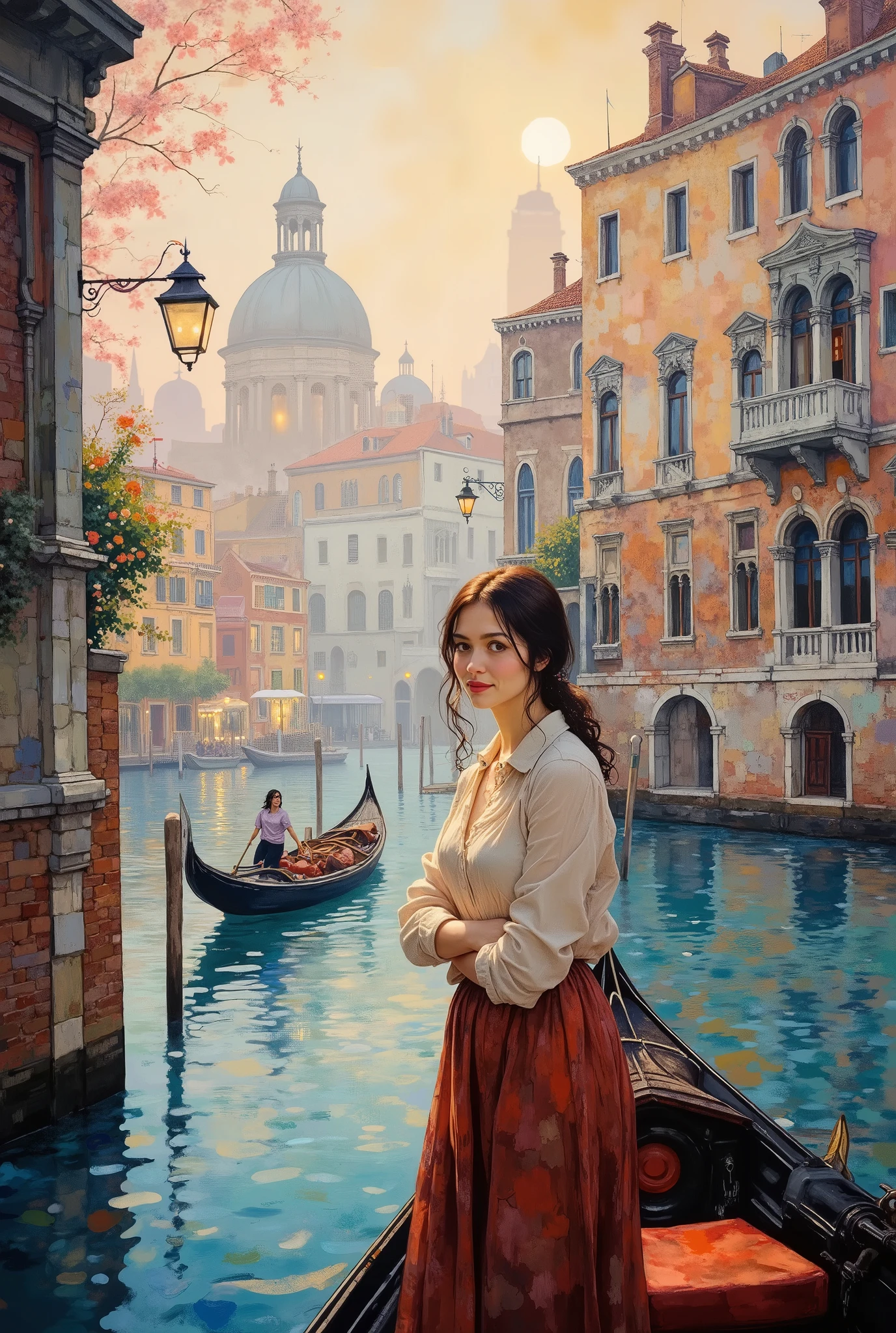 (8k,  top quality,   Masterpiece  ,  Final Fantasy Style: 1.2)Impressionist painting, landscape painting, pointillism, painting influenced by Seurat, Venice, St. Mark's Square, canal, gondola, Venice in fog, thick morning mist, quiet dawn, twilight canal, soft morning sun, beautiful woman smiling with morning sun on her face