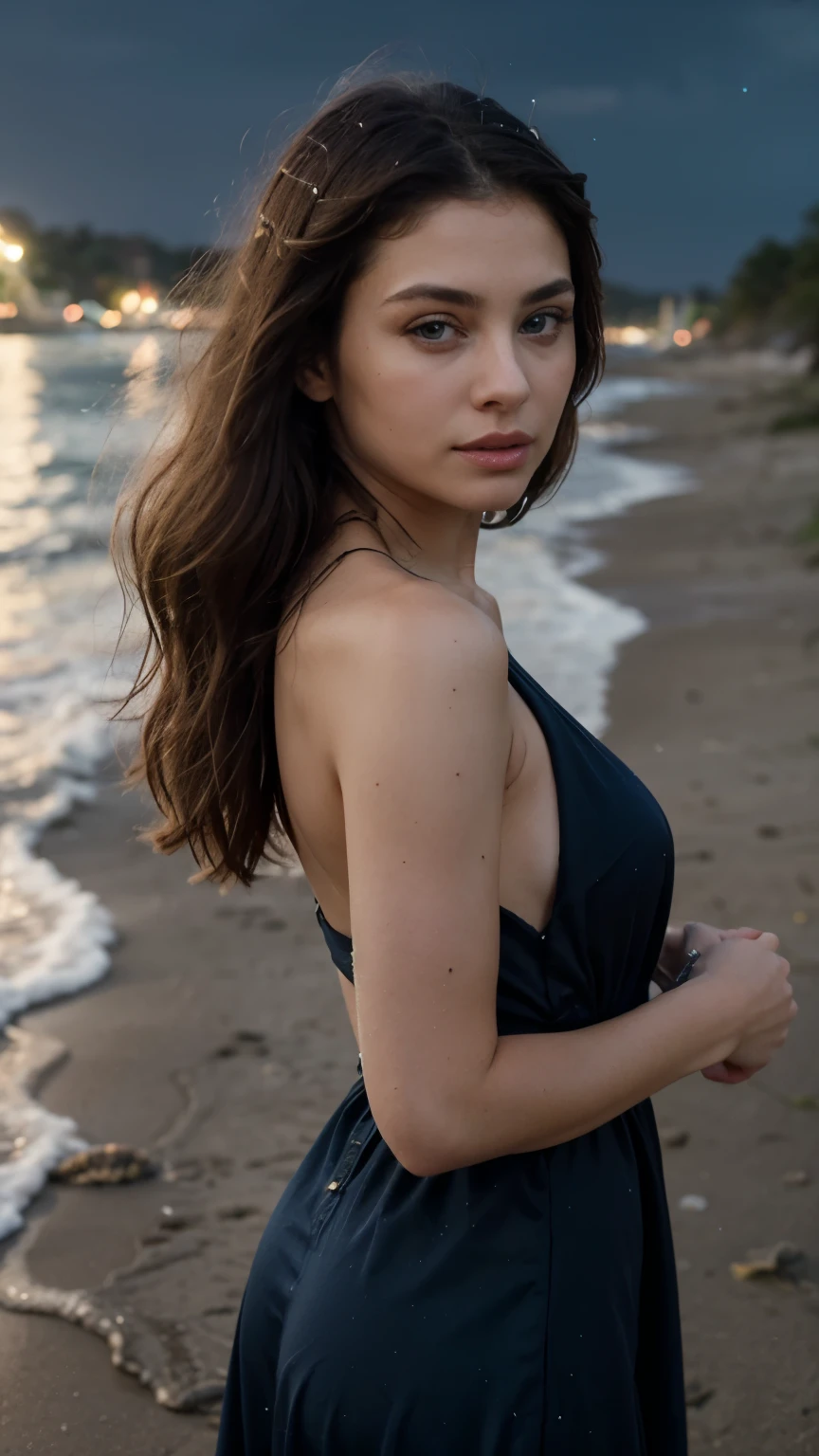 A young and beautiful brunette, 30 years old
• Shoulder-length black hair
• The girl looking straight into the camera
• A red dress, slightly below the hips
• Sunset beach shoot
• Professional photographer
• Beautiful Valencia landscape
• Soft sea breeze and waves’ light play
• Natural accessories like bracelets or necklaces with elements from nature
• Airy floral hair accessories
• Wide-format image with superb quality and realism
• Photographed with a professional high-resolution camera to capture every detail impeccably