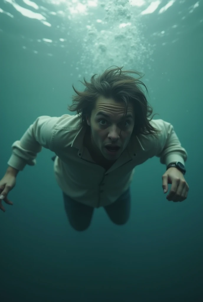 Handsome Male Teenager Underwater, long dark brown hair, drowning, by Alena Aenami, best qualityer, work of art, very aesthetic, perfect composition, details Intricate, Ultra-detailed INFO (highest quallity、tabletop、8k、best quality image、Hyper-Realism)

